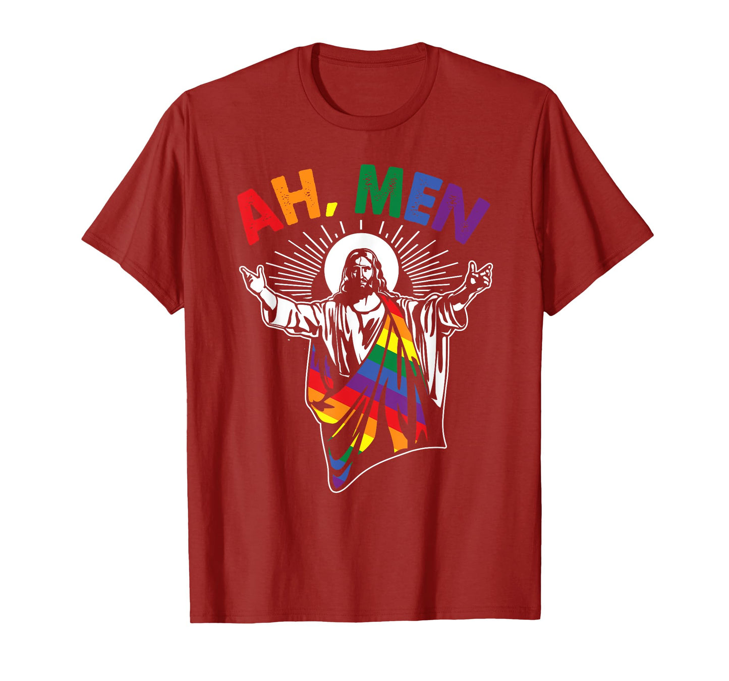 Ah Men Funny LGBT Gay Pride Jesus Rainbow Flag Christian Short Sleeve T-Shirt