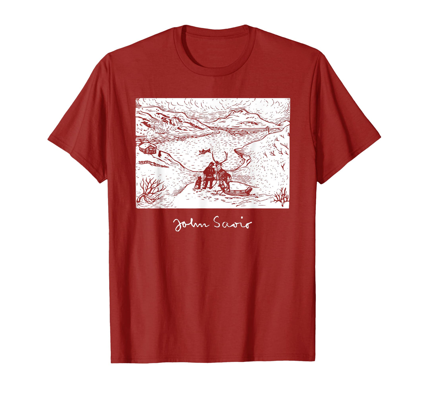 John Savio Sami Art Lapland Lapp with Reindeer at Bay Snow T-Shirt