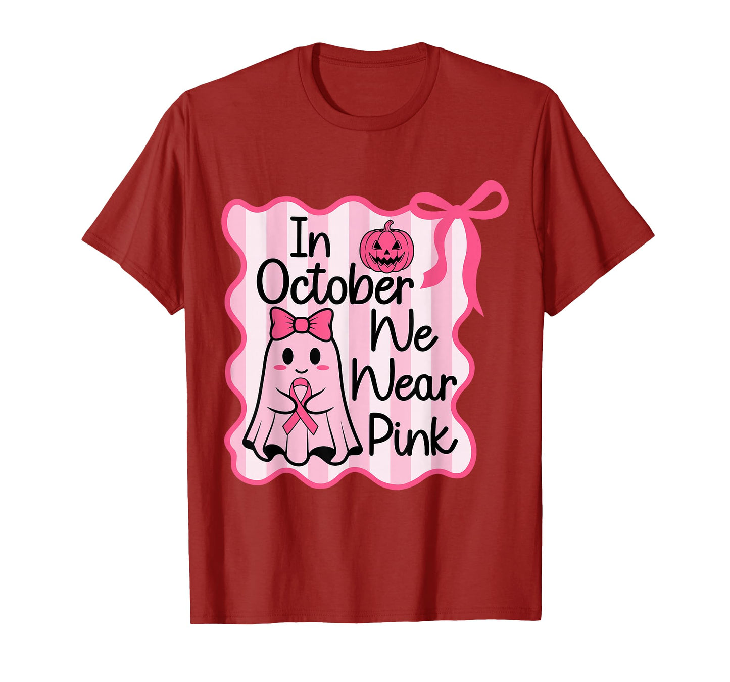 in October We Wear Pink Cute Ghost Halloween Coquette Bow T-Shirt