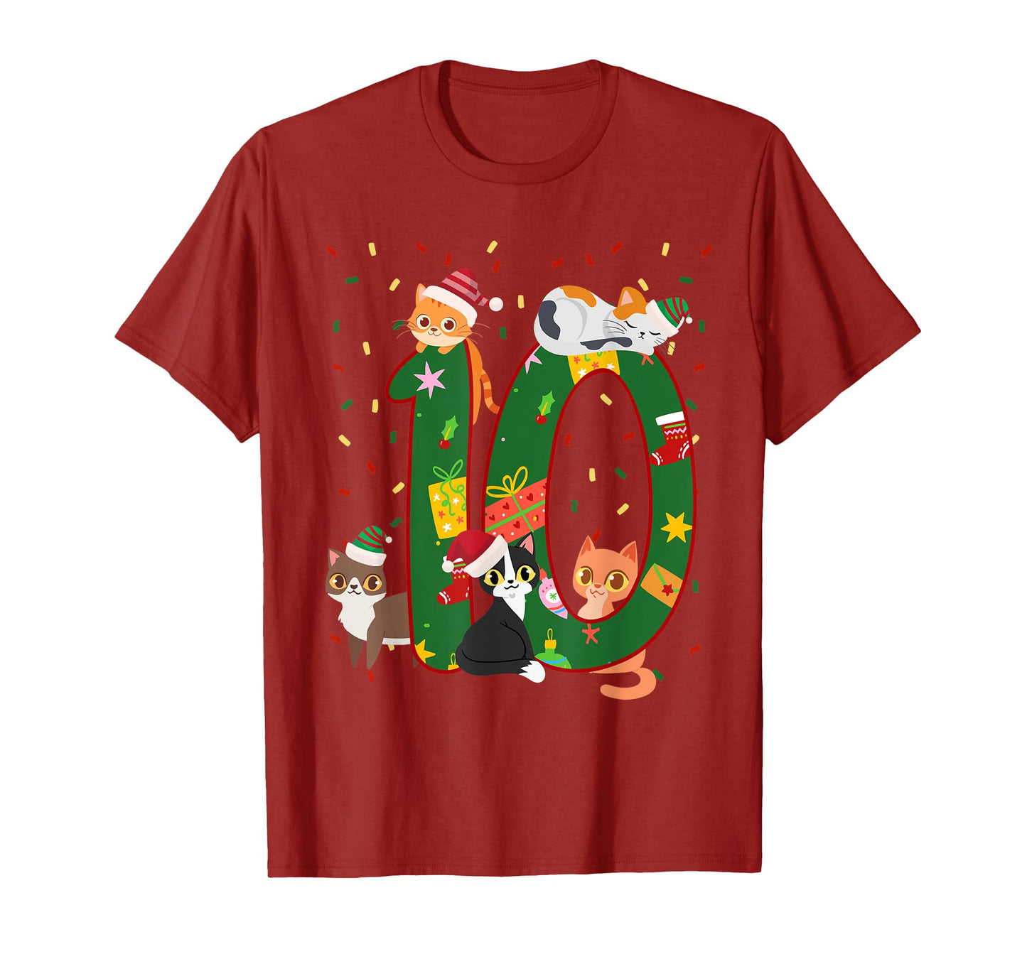 10 Years Old Kids Xmas Cute Cats 10th Birthday Christmas T-Shirt