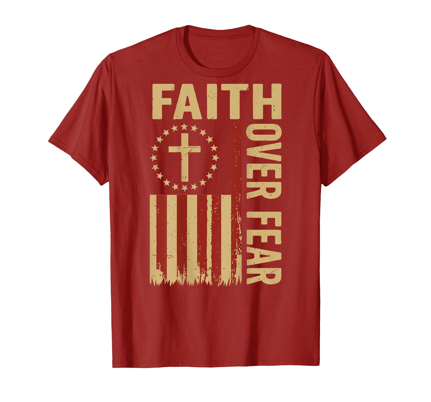 Mens Faith Over Fear Christian Patriotic American Flag Cross T-Shirt