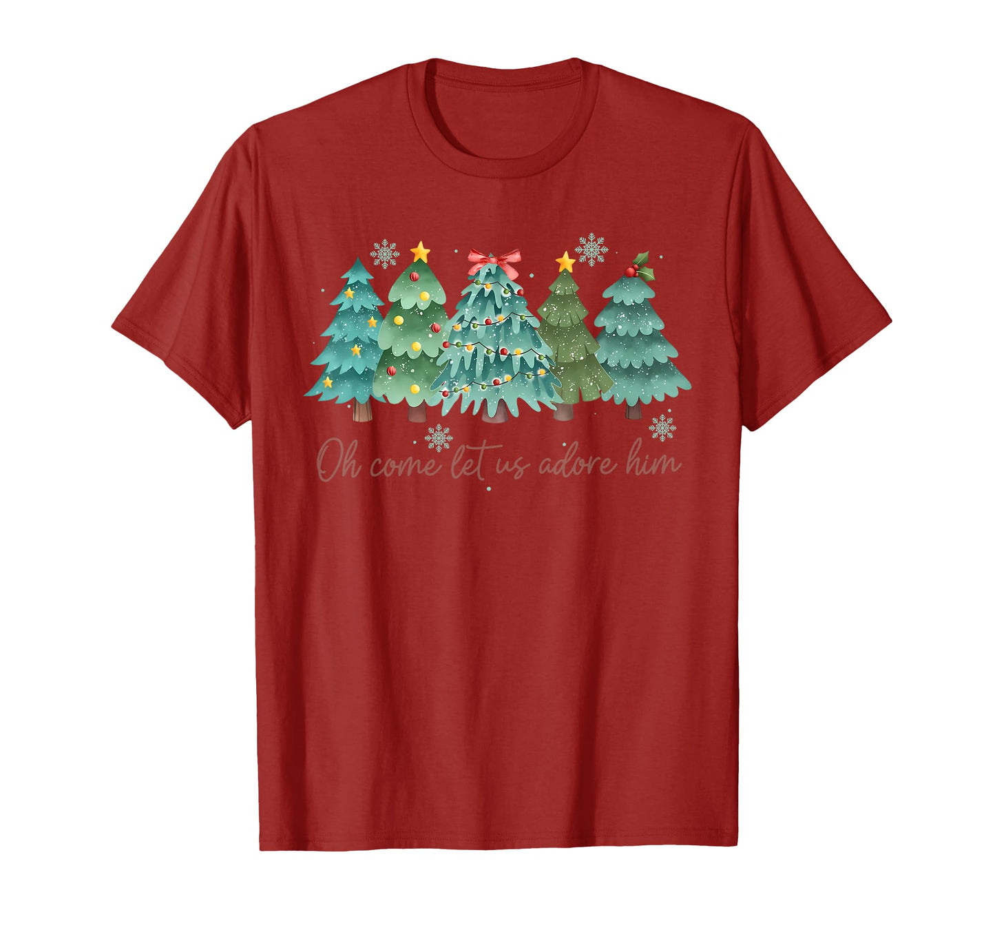 Oh Come Let US Adore Him Funny Christian Christmas Tree Bow T-Shirt