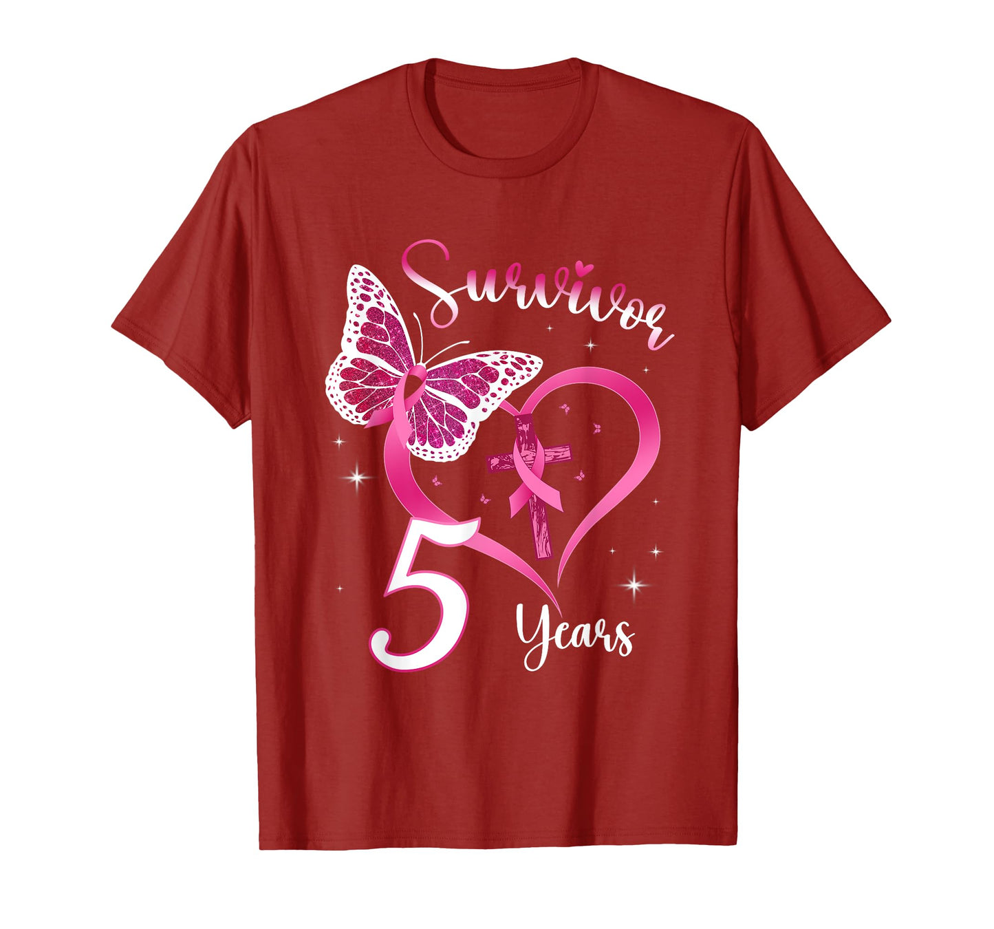 Breast Cancer Survivor Pink Ribbon Butterfly 5 Years Gift T-Shirt