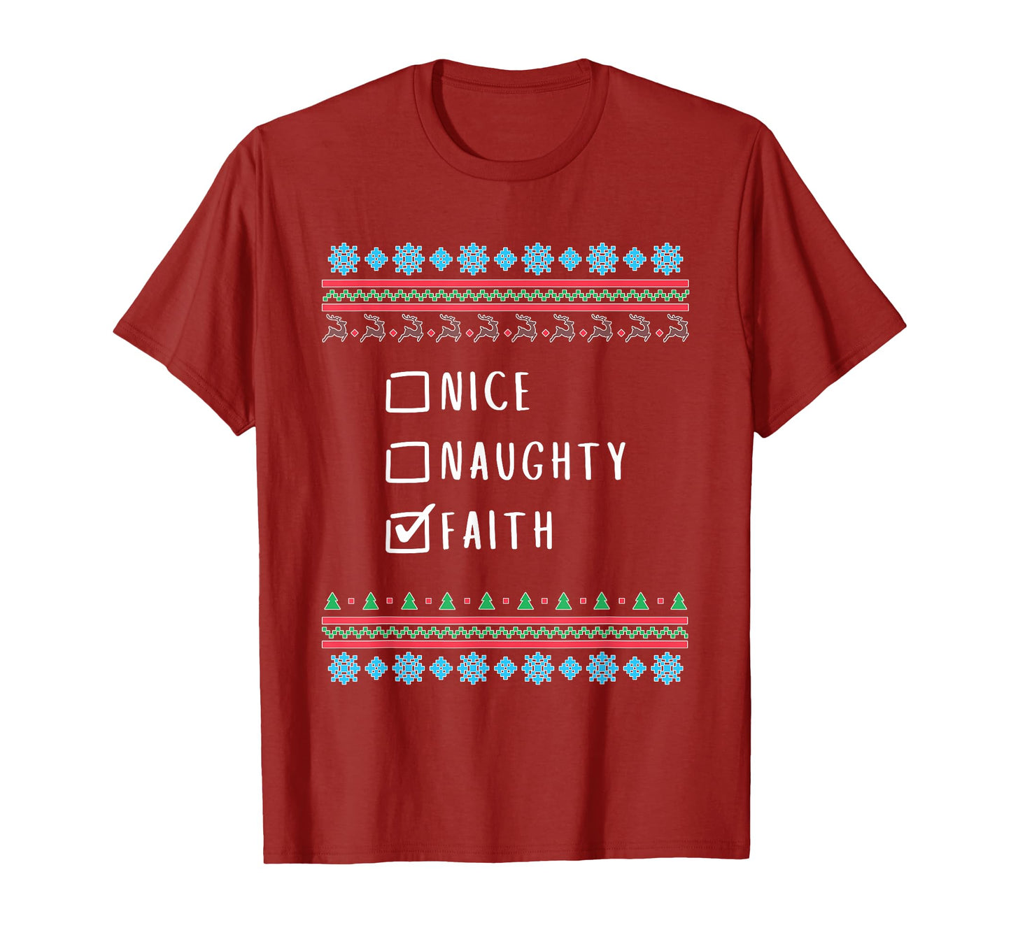 Nice, Naughty, Faith Christmas Ugly Sweater Style T-Shirt