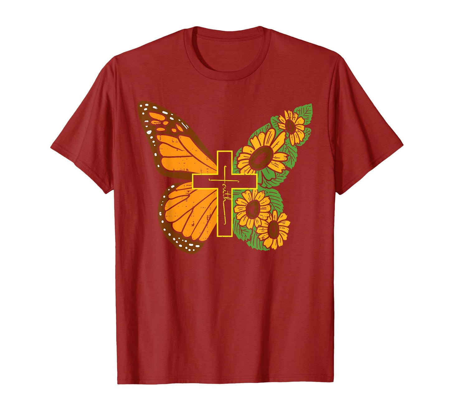 Butterfly Sunflower Cross Faith God Jesus Christian Women T-Shirt