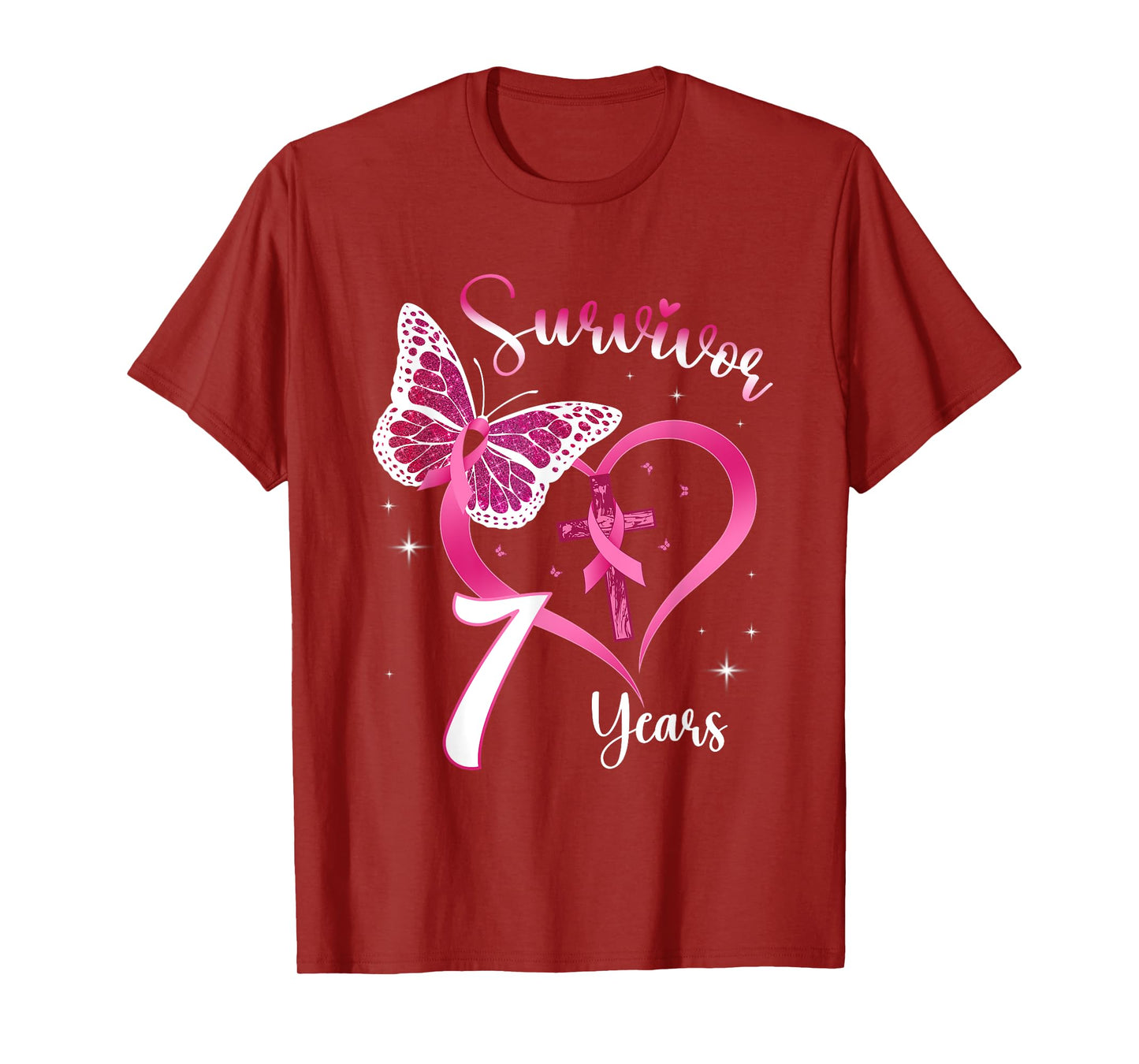 Breast Cancer Survivor Pink Ribbon Butterfly 7 Years Gift T-Shirt
