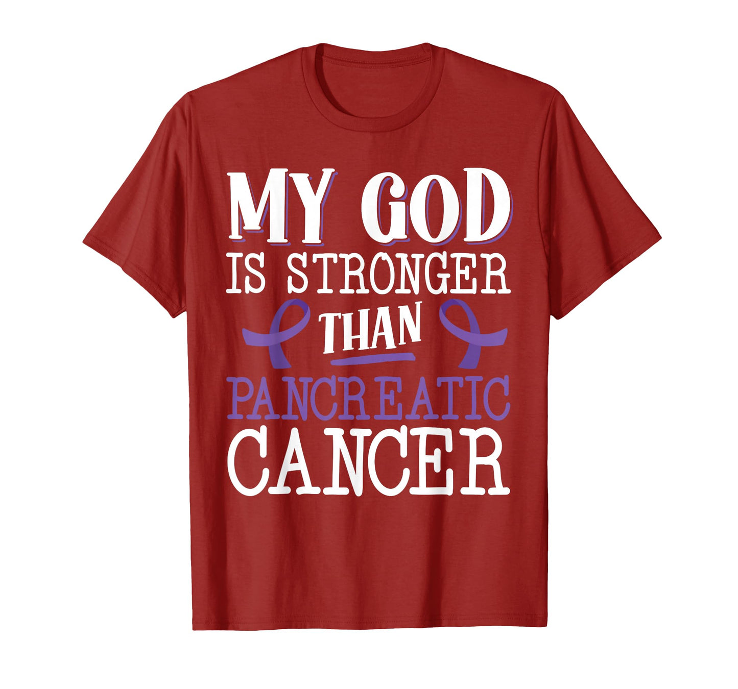 My God Is Stronger Than Pancreatic Cancer Purple Ribbon T-Shirt