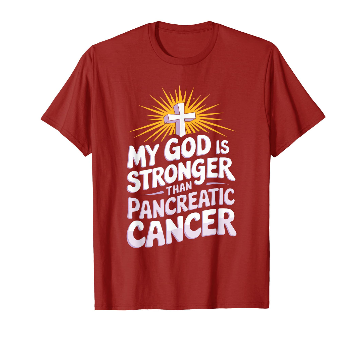 My God Is Stronger Than Pancreatic Cancer Purple Ribbon T-Shirt