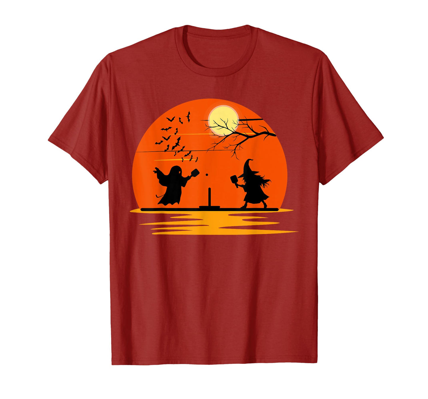 Ghost and Witch Playing Pickleball Halloween Costume Sunset T-Shirt