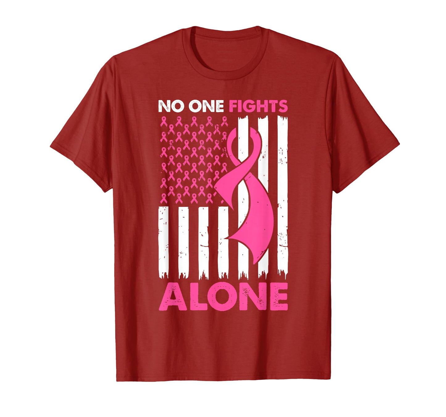 No One Fight Breast Cancer Alone Pink Ribbon American Flag T-Shirt