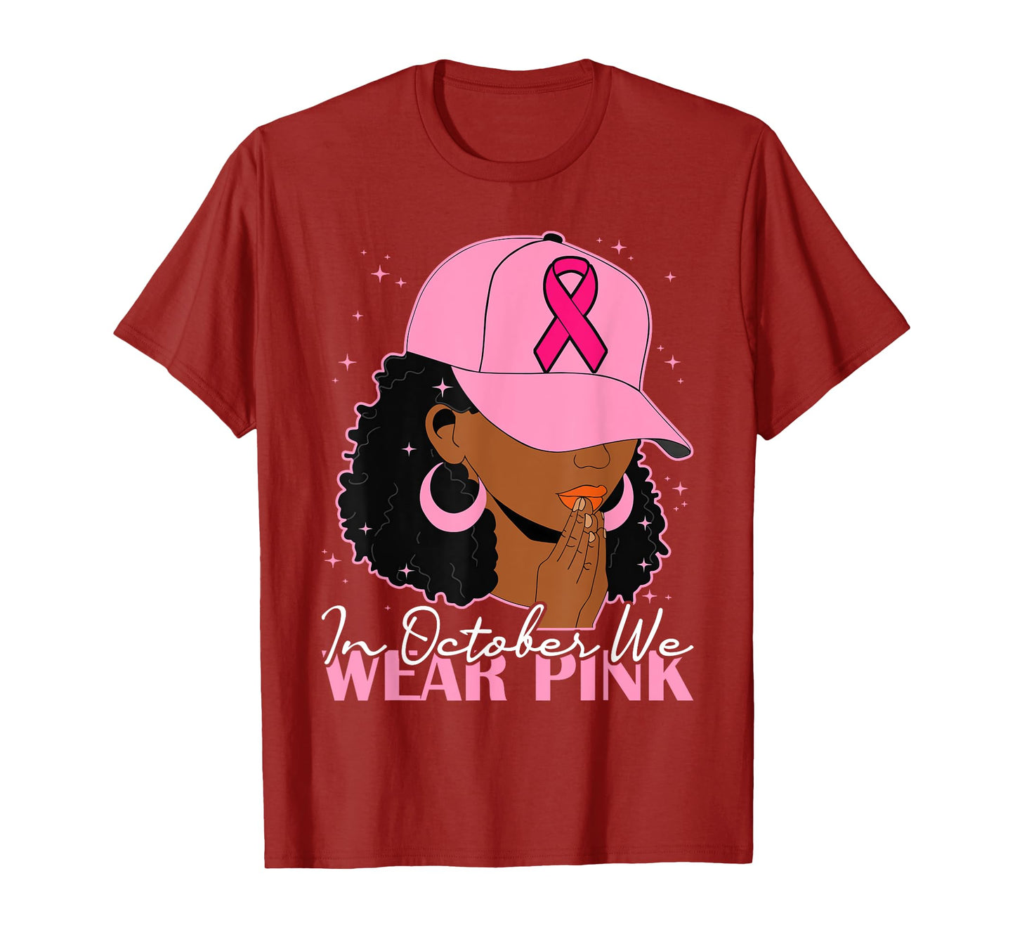 in October We Wear Pink Black Woman Afro Breast Cancer T-Shirt