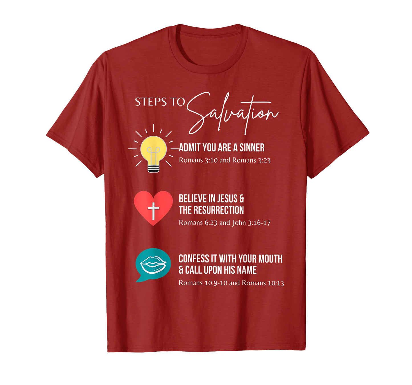 Steps To Salvation Romans 10;9 Thru 13 John 3 16 Christian T-Shirt