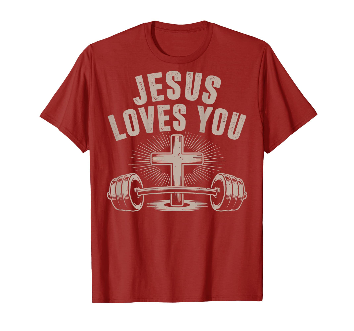 Jesus Loves You Funny Christian Workout Gym Barbell Cross T-Shirt