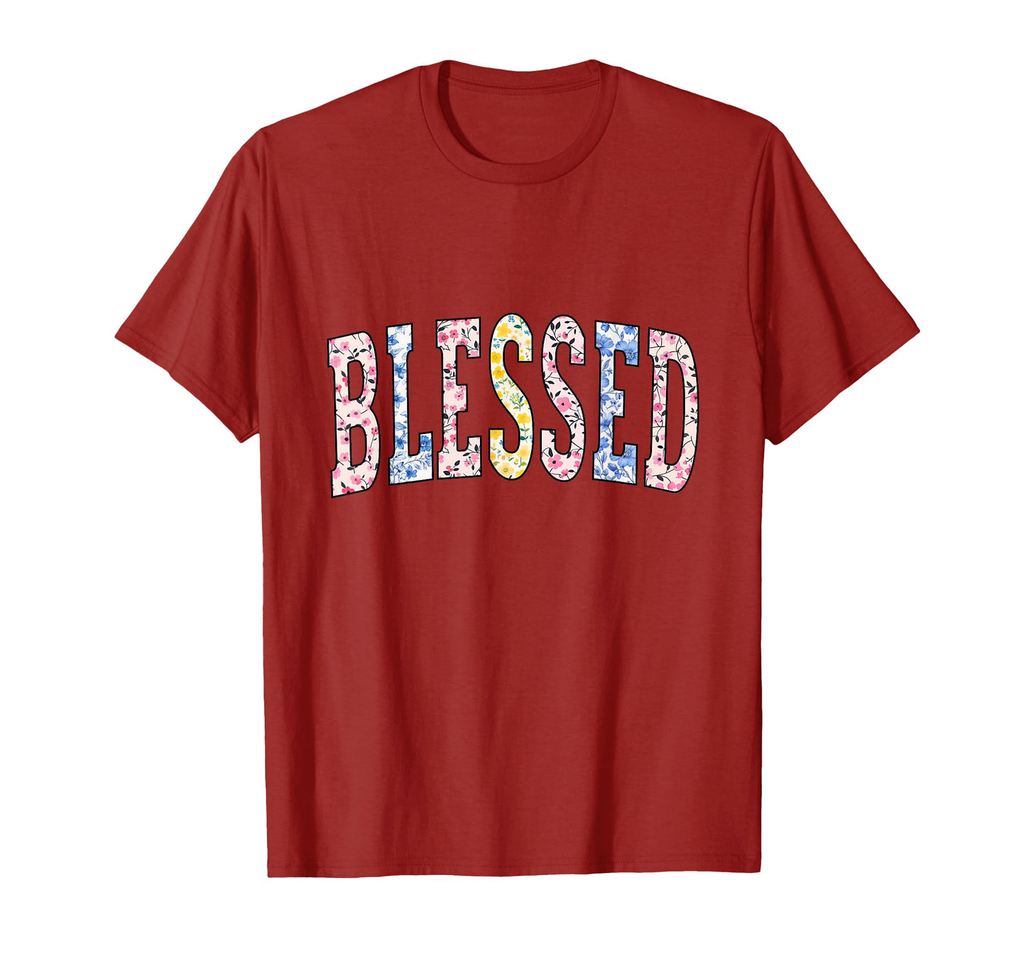 Blessed Varsity Floral Flowers Print Faith Christian Woman T-Shirt