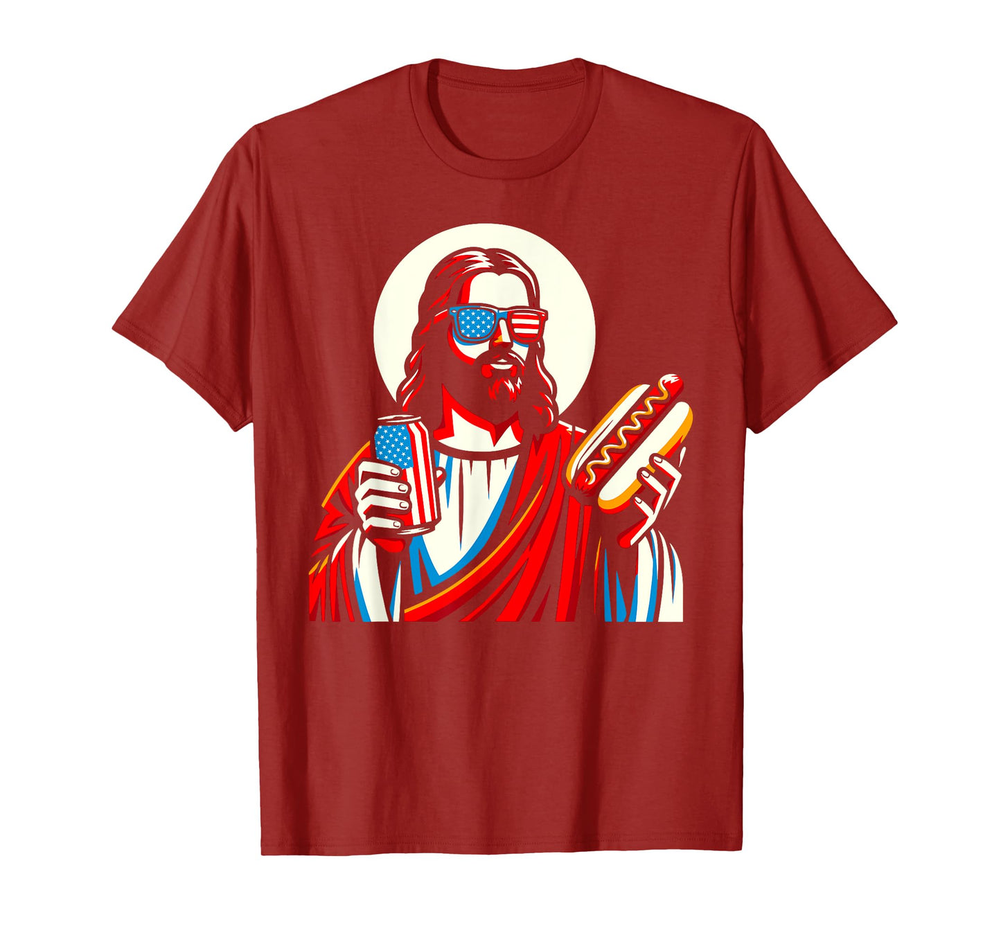 Funny Jesus USA American Christian Patriotic Beer Hotdog Women Men T-Shirt