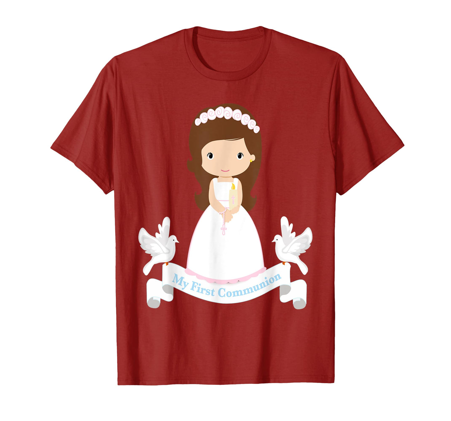 First Communion Shirt Kids Rosary Girls Daughter Brown Hair T-Shirt