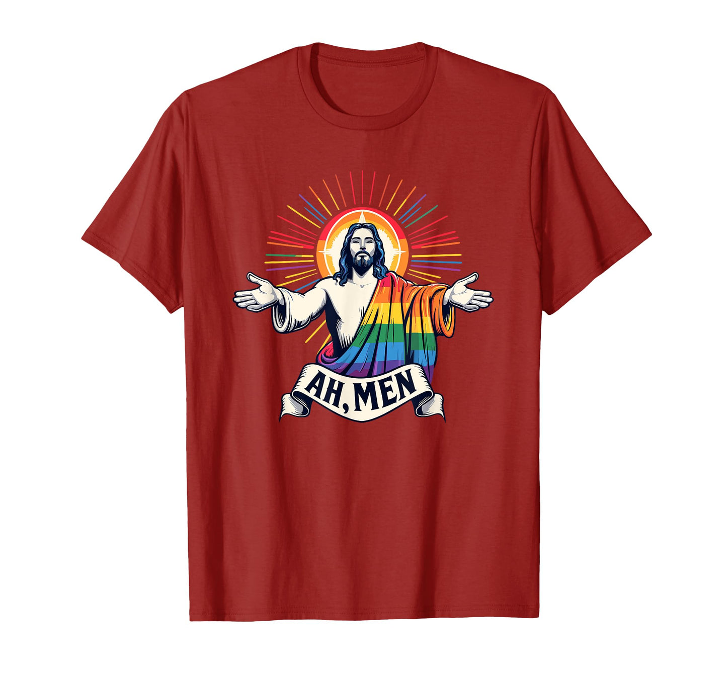 Ah Men Funny LGBT Gay Pride Jesus Rainbow Flag Christian T-Shirt