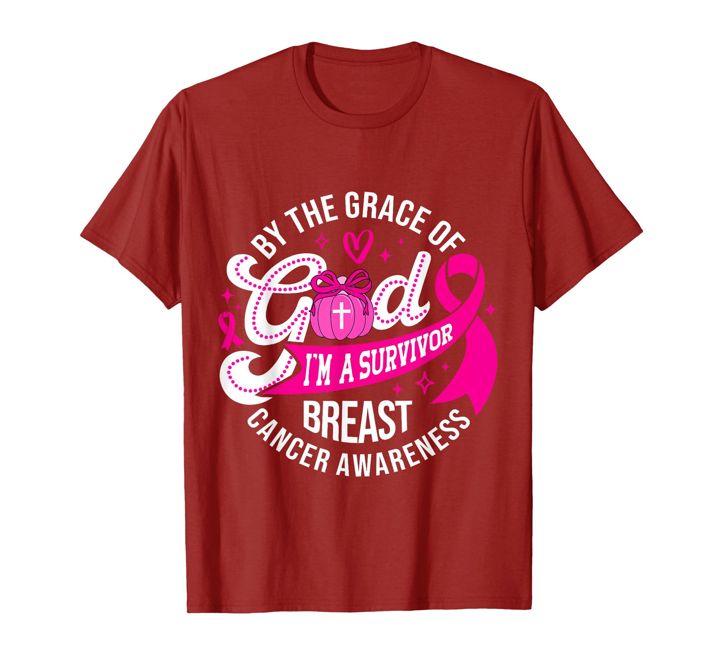 by The Grace God I'm A Survivor Breast Cancer Pumpkin Bow T-Shirt