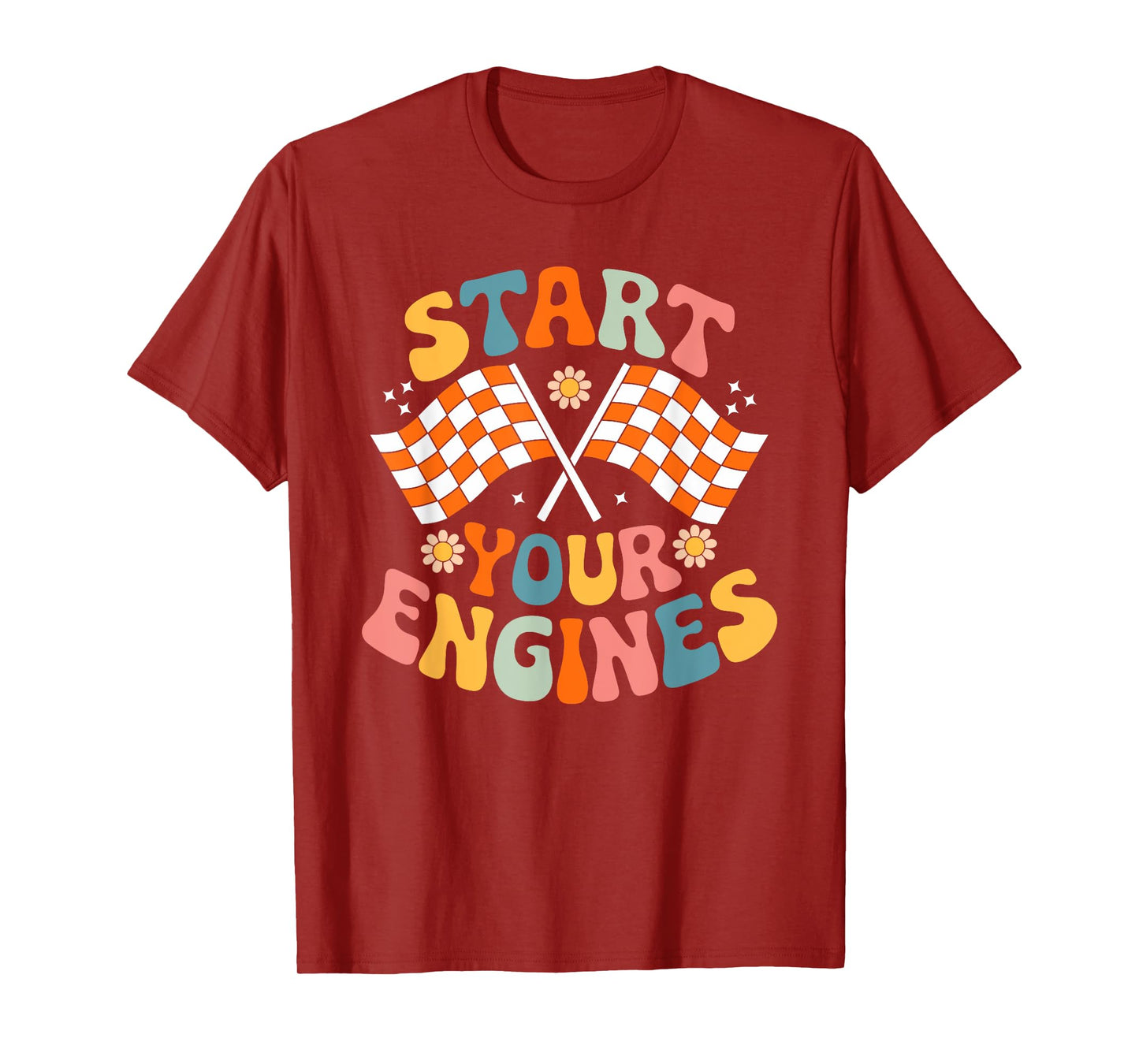 Groovy Start Your Engines Retro Checkered Flag Race Car T-Shirt