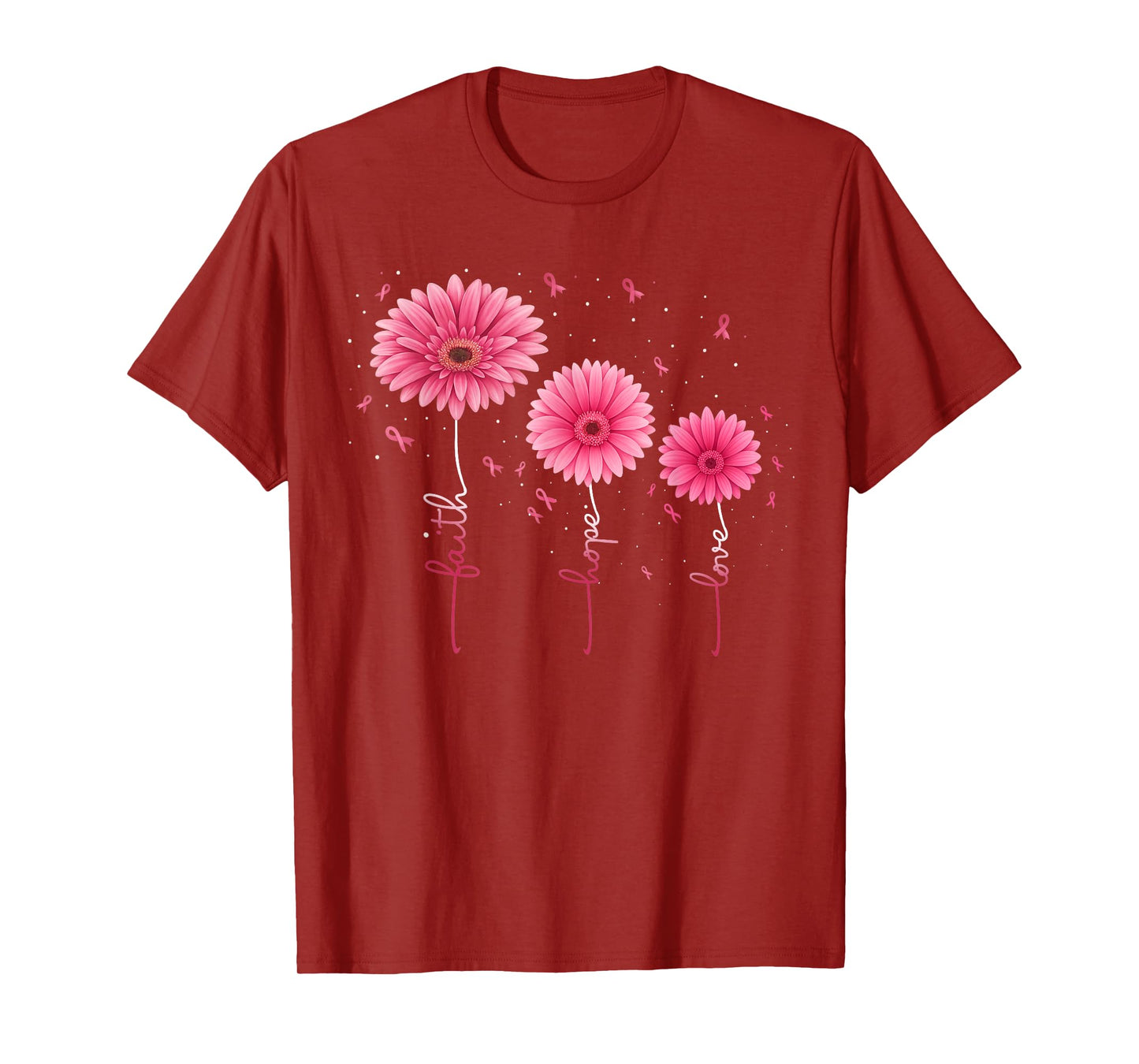 Faith Hope Love Ribbon Pink Flower Breast Cancer Awareness T-Shirt