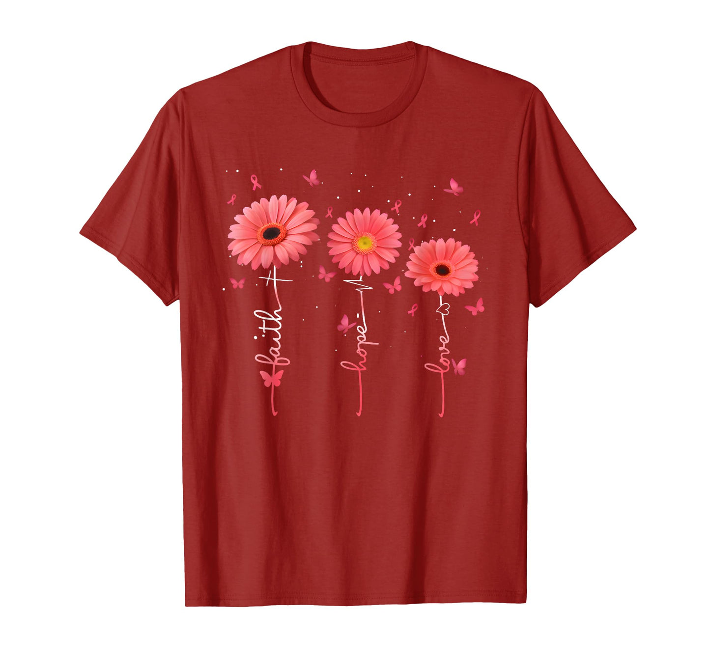Faith Hope Love Flowers Breast Cancer Awareness Support T-Shirt