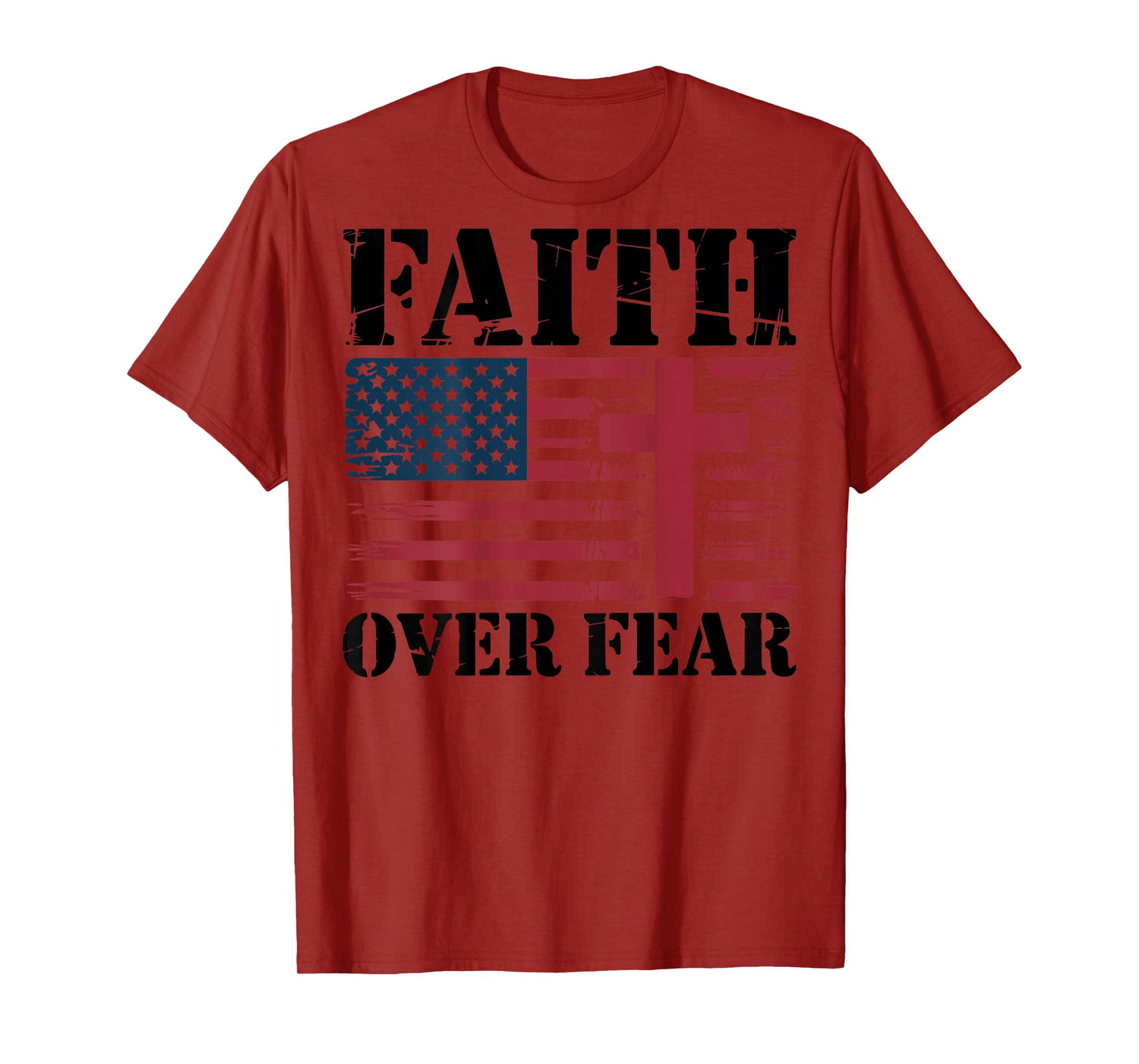 Mens Christian Patriotic Cross Faith Over Fear American Flag T-Shirt