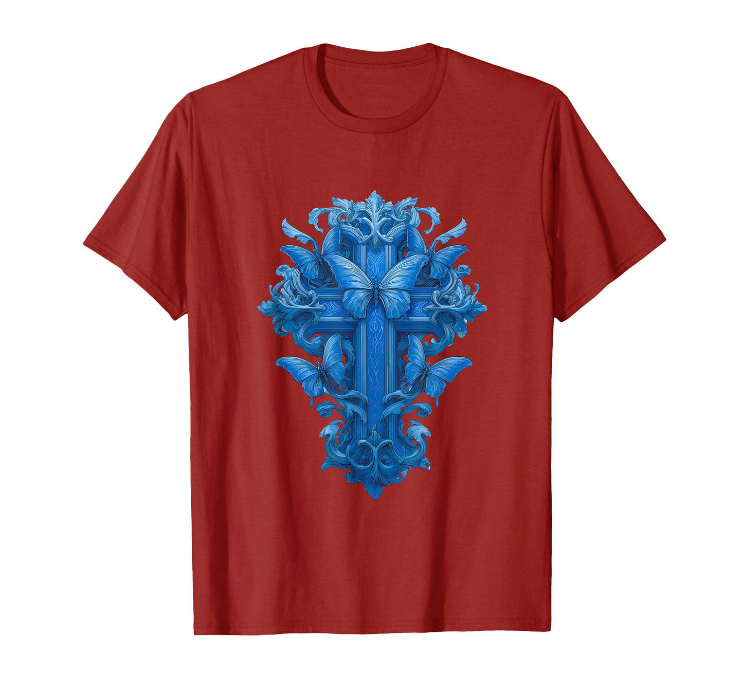 Blue Christian Cross with Butterfly Symbols of Hope T-Shirt