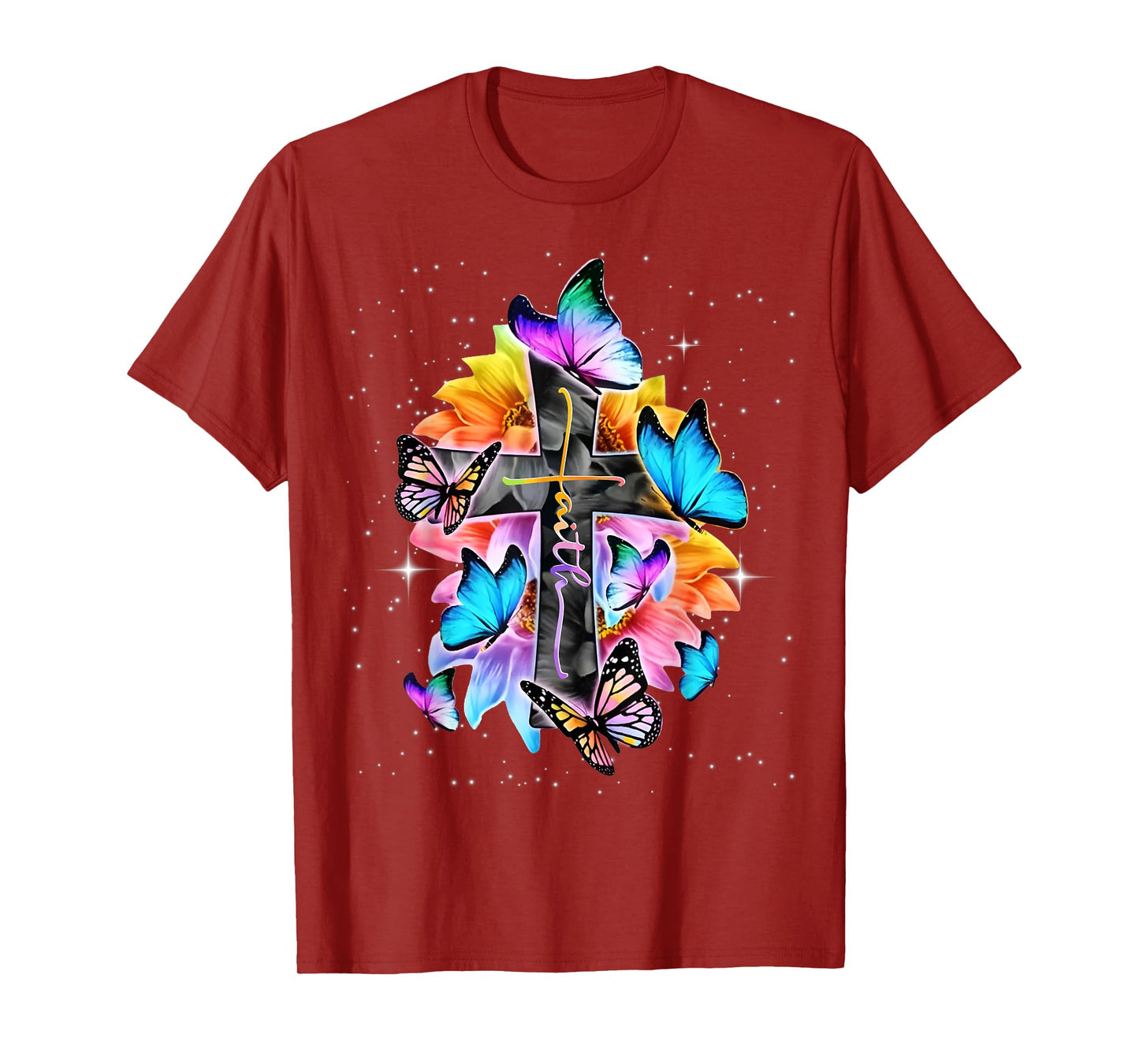 Faith - Cross Floral Butterflies Christ Flowers Religious T-Shirt