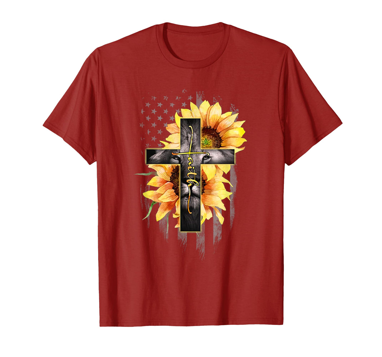 Faith Cross Christian Lion Sunflower American Flag T-Shirt