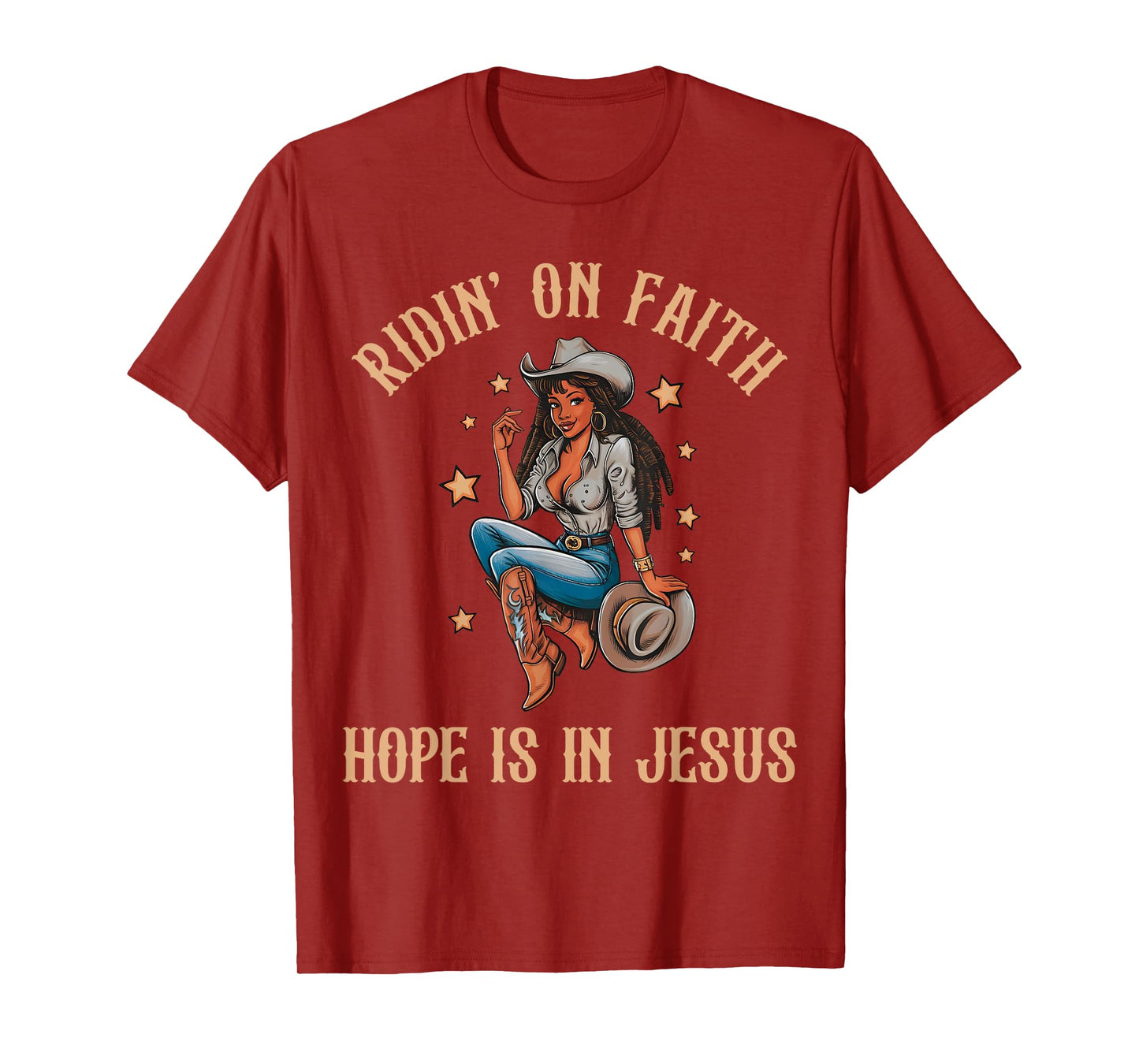 Ridin' On Faith Hope is in Jesus Black Cowgirl Christian T-Shirt