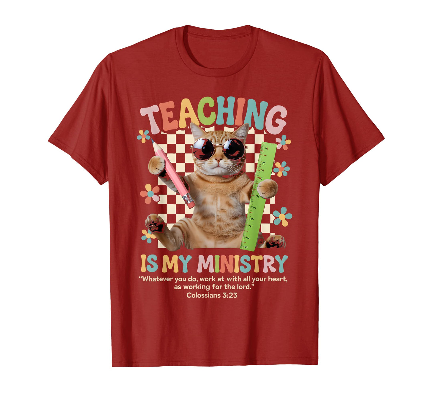Teaching is My Ministry Cute Cat Retro Bible Verse Design T-Shirt