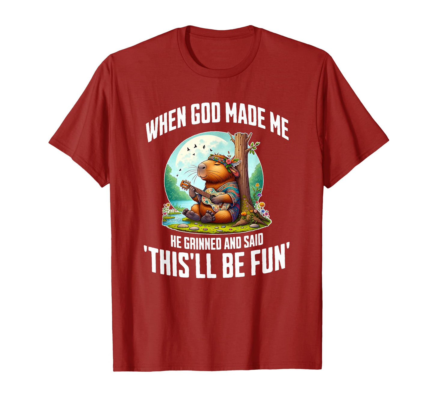 When God Made Me He Grinned Funny Capybara Guitar Hippie T-Shirt