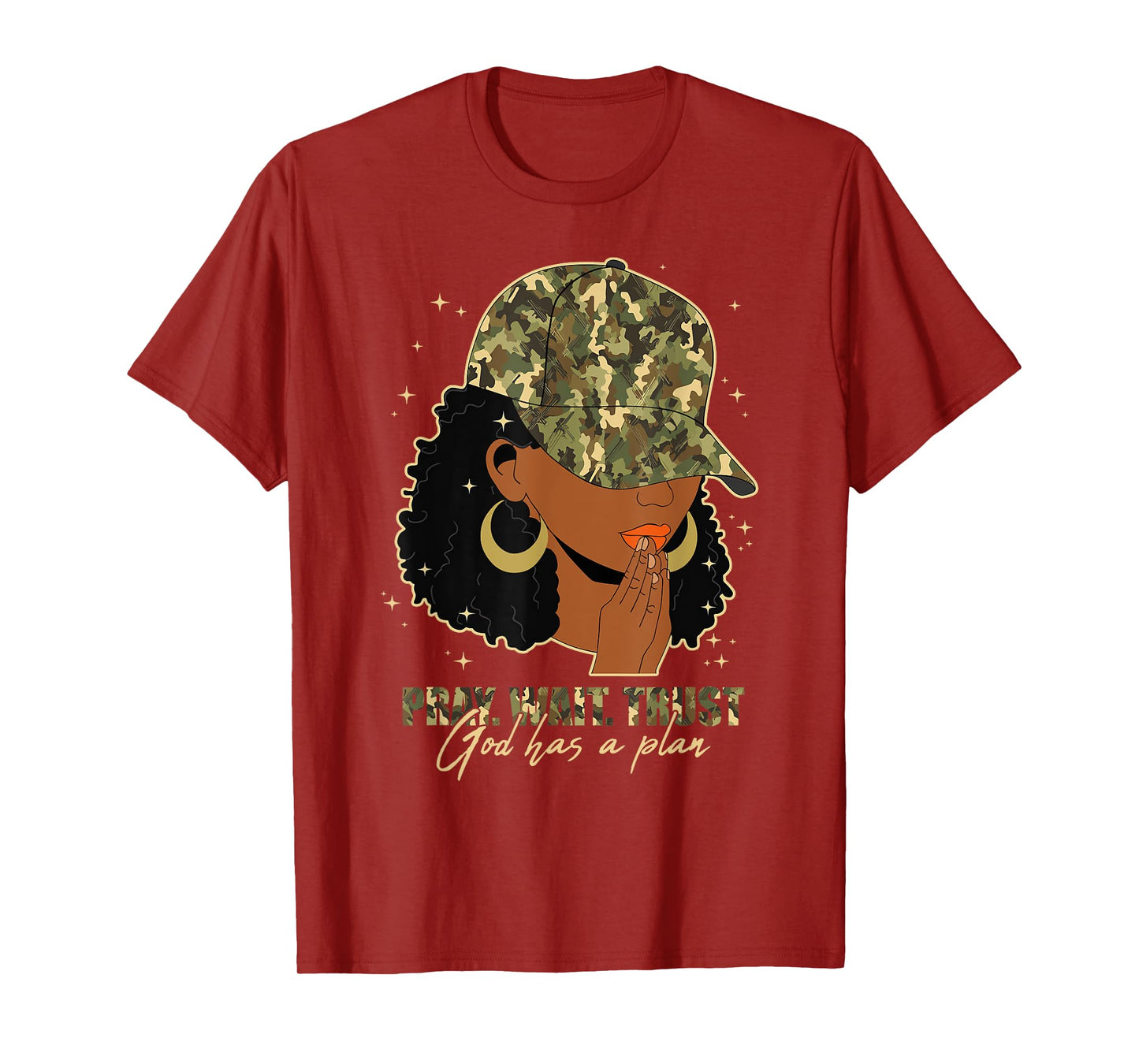 Pray Wait Trust Praying Black Woman Afro Christian Camo T-Shirt