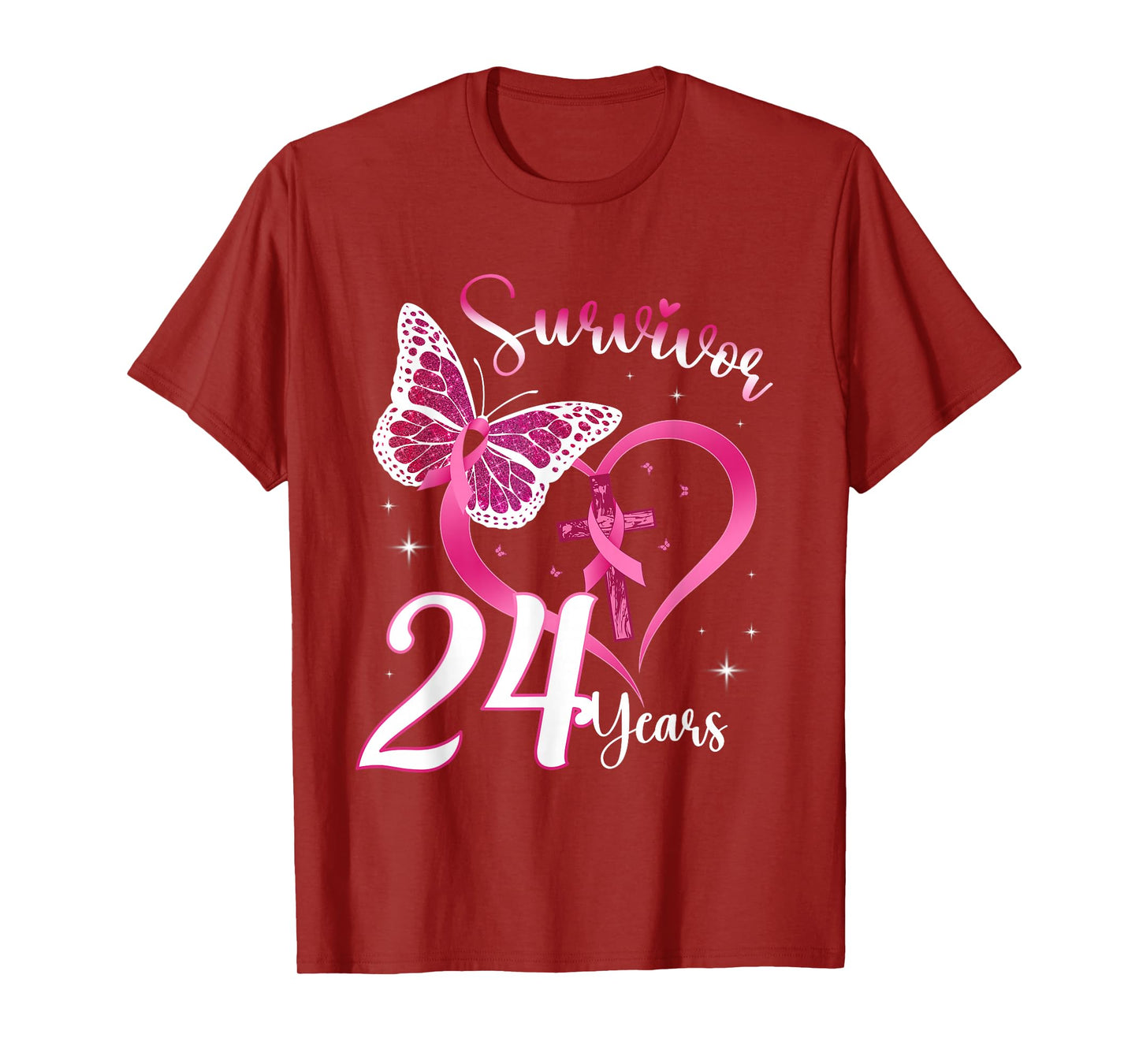 Breast Cancer Survivor Pink Ribbon Butterfly 24 Years Gift T-Shirt