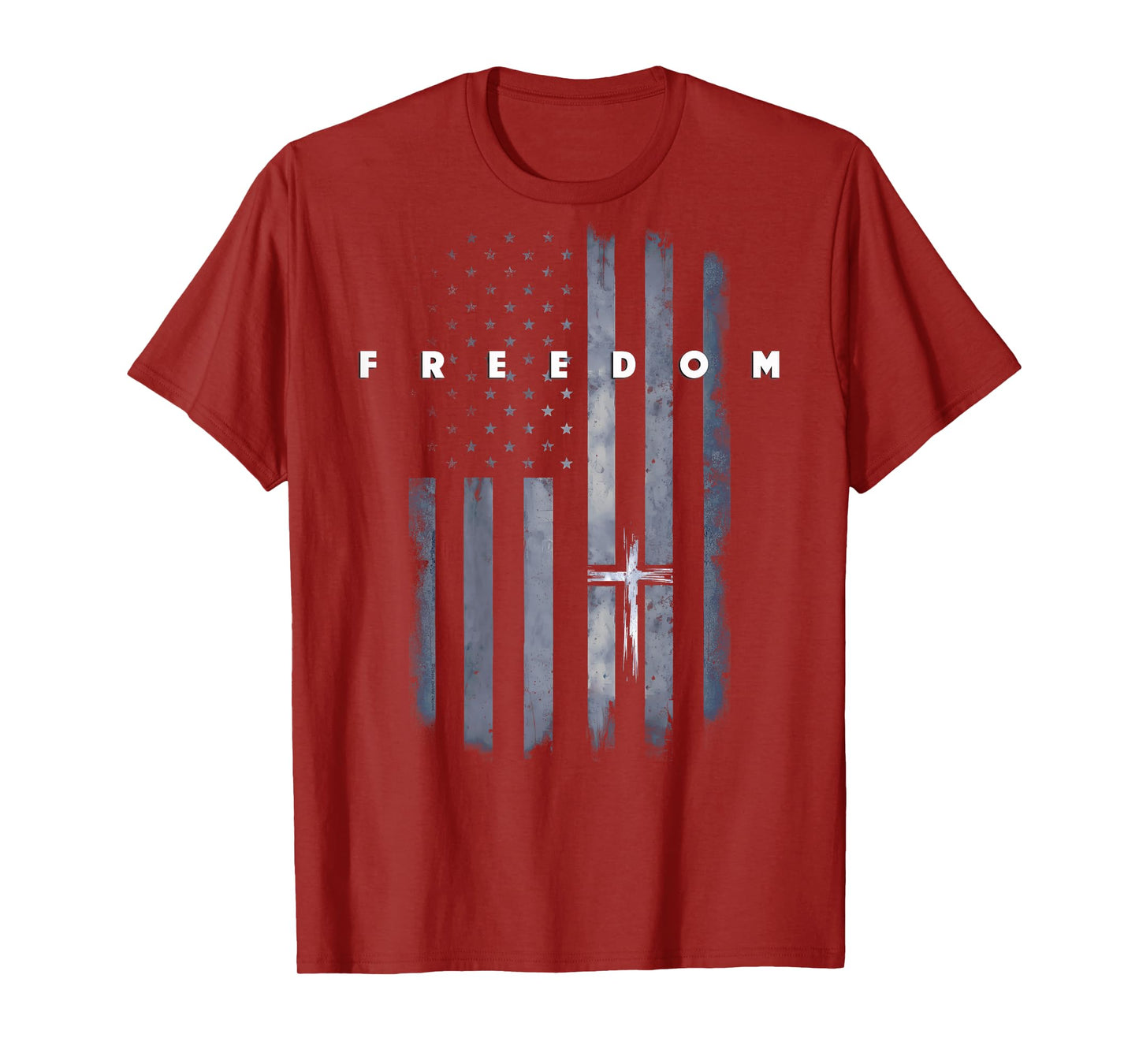 On Back Grunge American Flag and Cross Faith Family Freedom T-Shirt