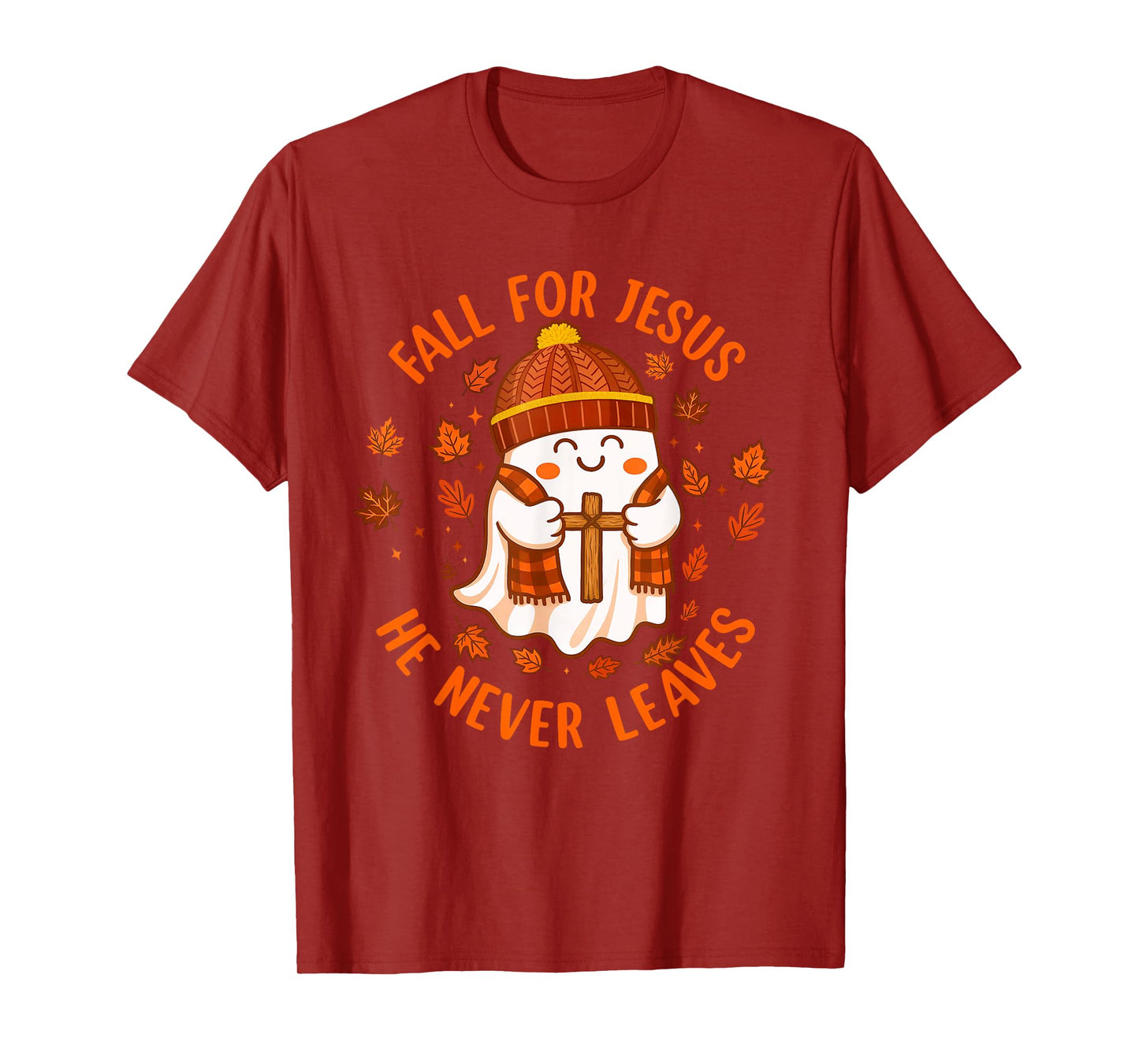 Fall for Jesus He Never Leaves Christian Ghost Halloween T-Shirt