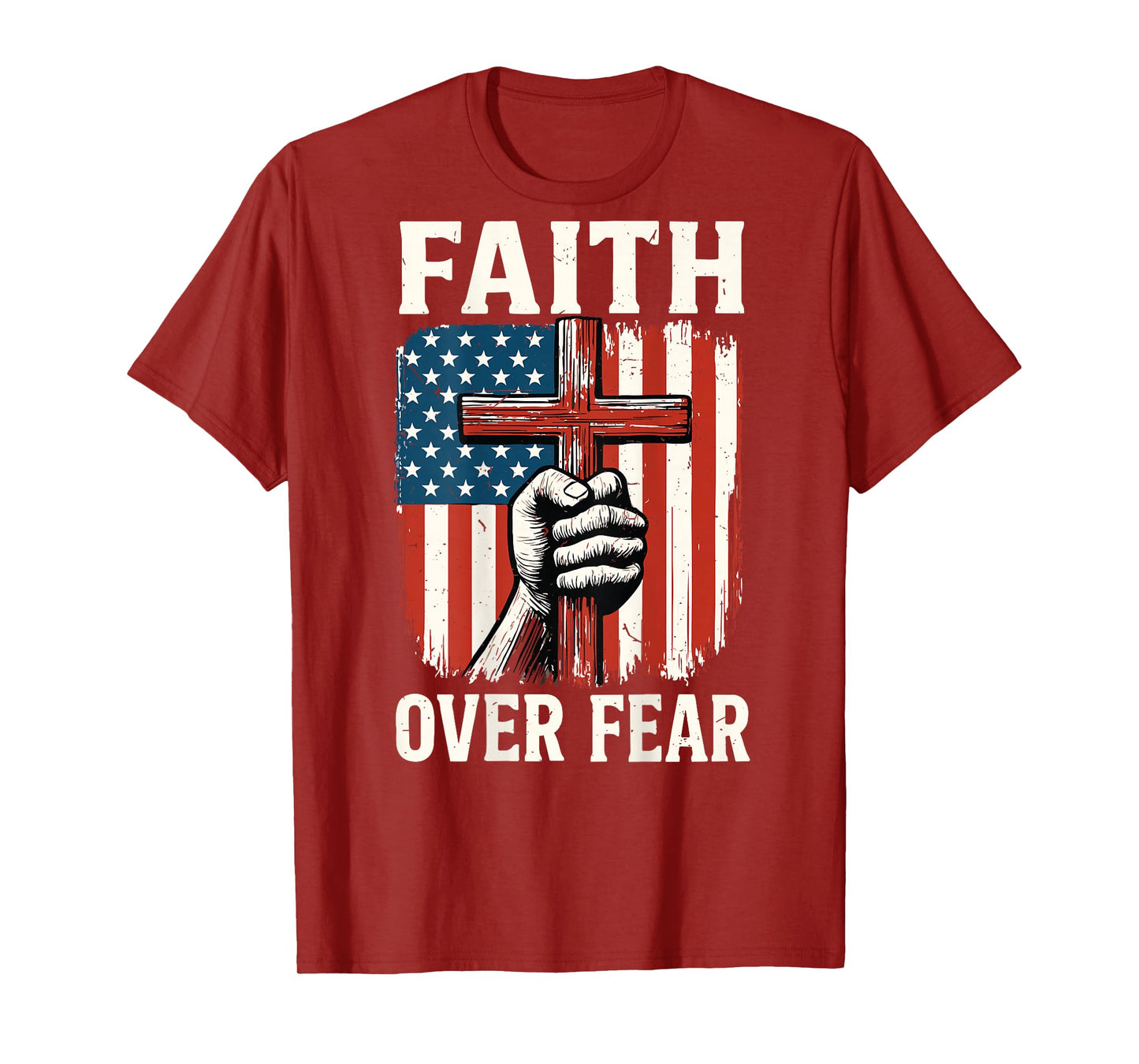 Back American Flag Faith Over Fear Christian Patriotic Cross T-Shirt