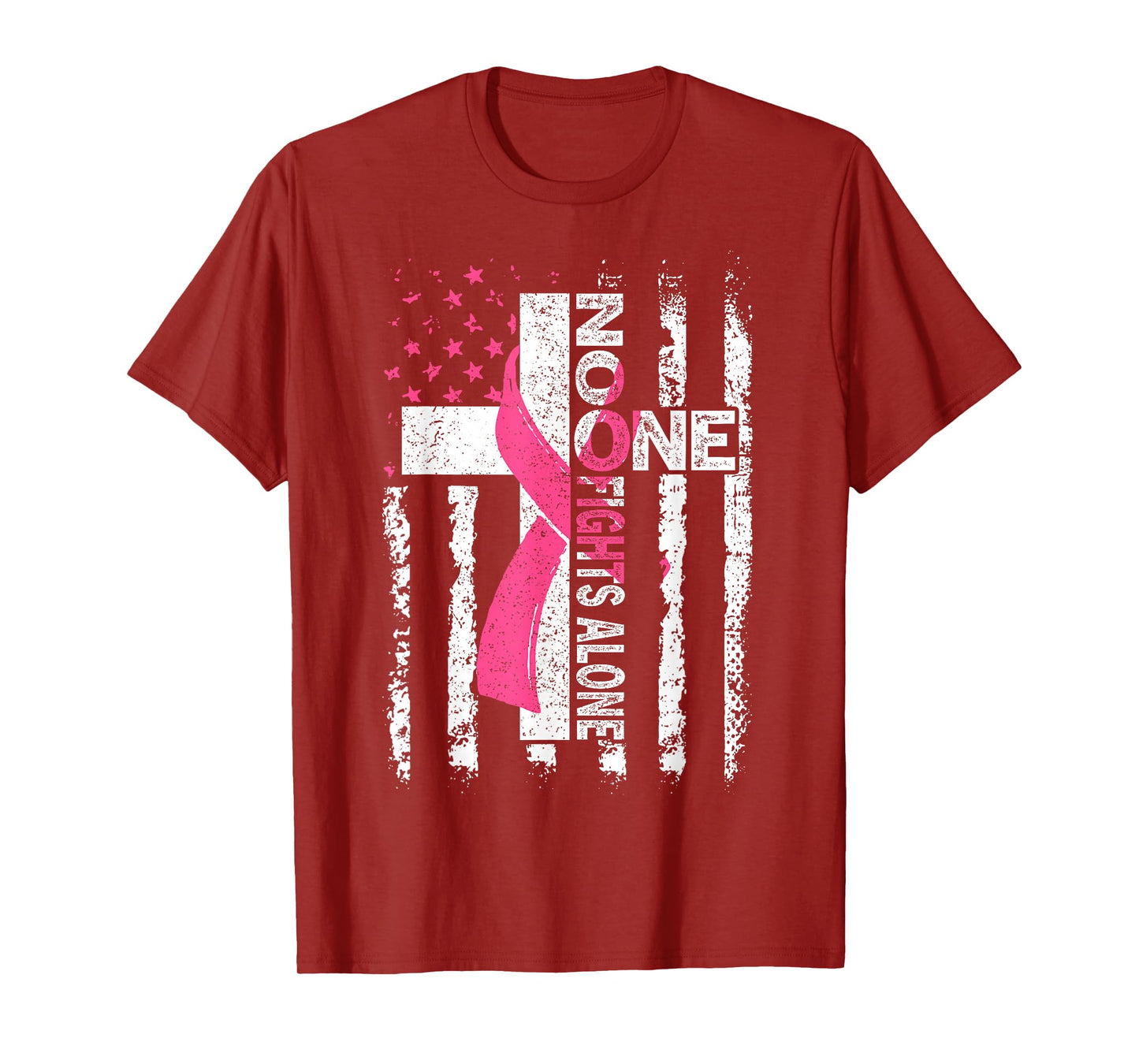 No One Fights Breast Cancer Alone Faith USA Flag Pink Ribbon T-Shirt
