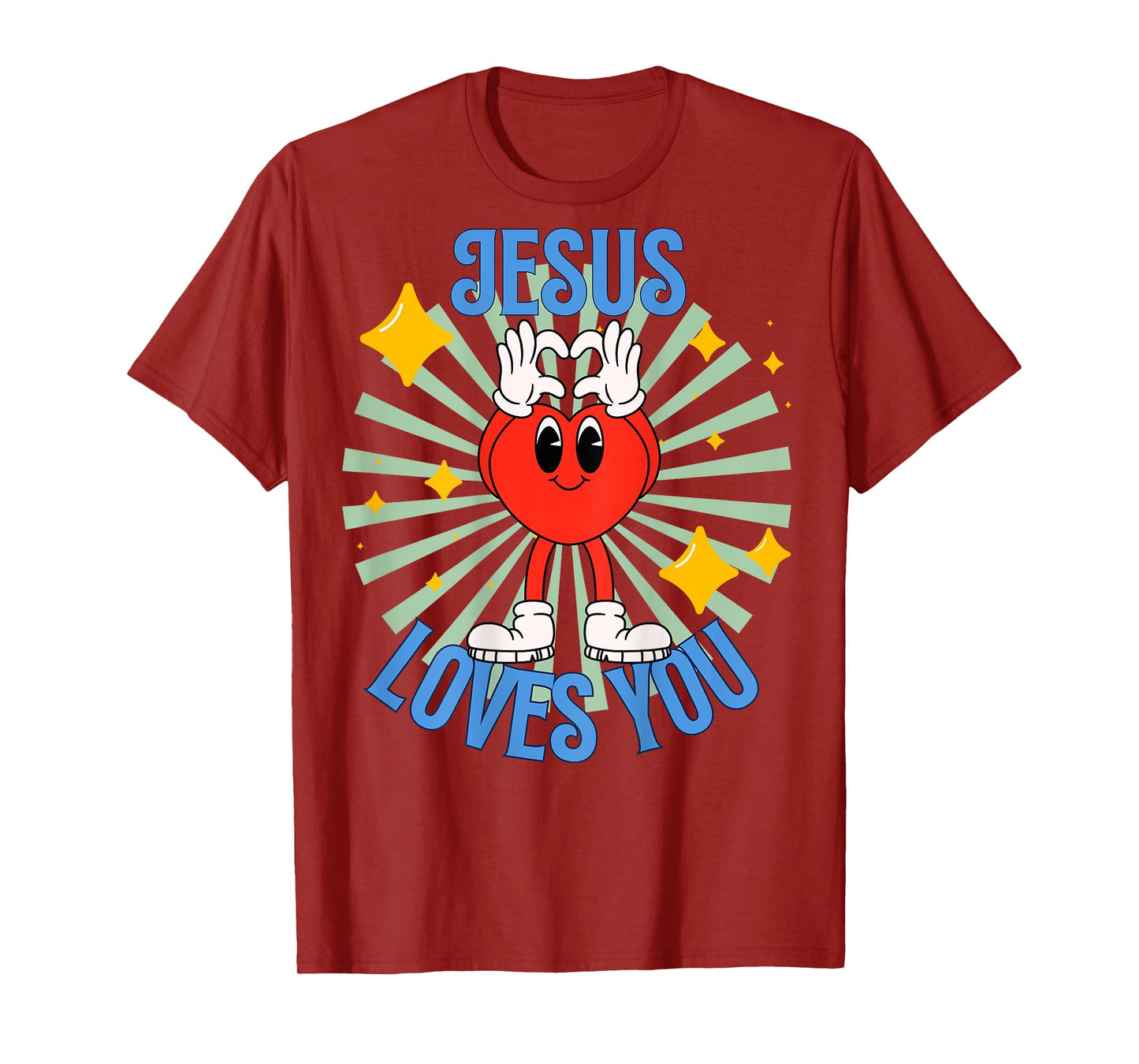 Retro Cute Jesus Loves You - Red Heart with Rays (Back only) T-Shirt
