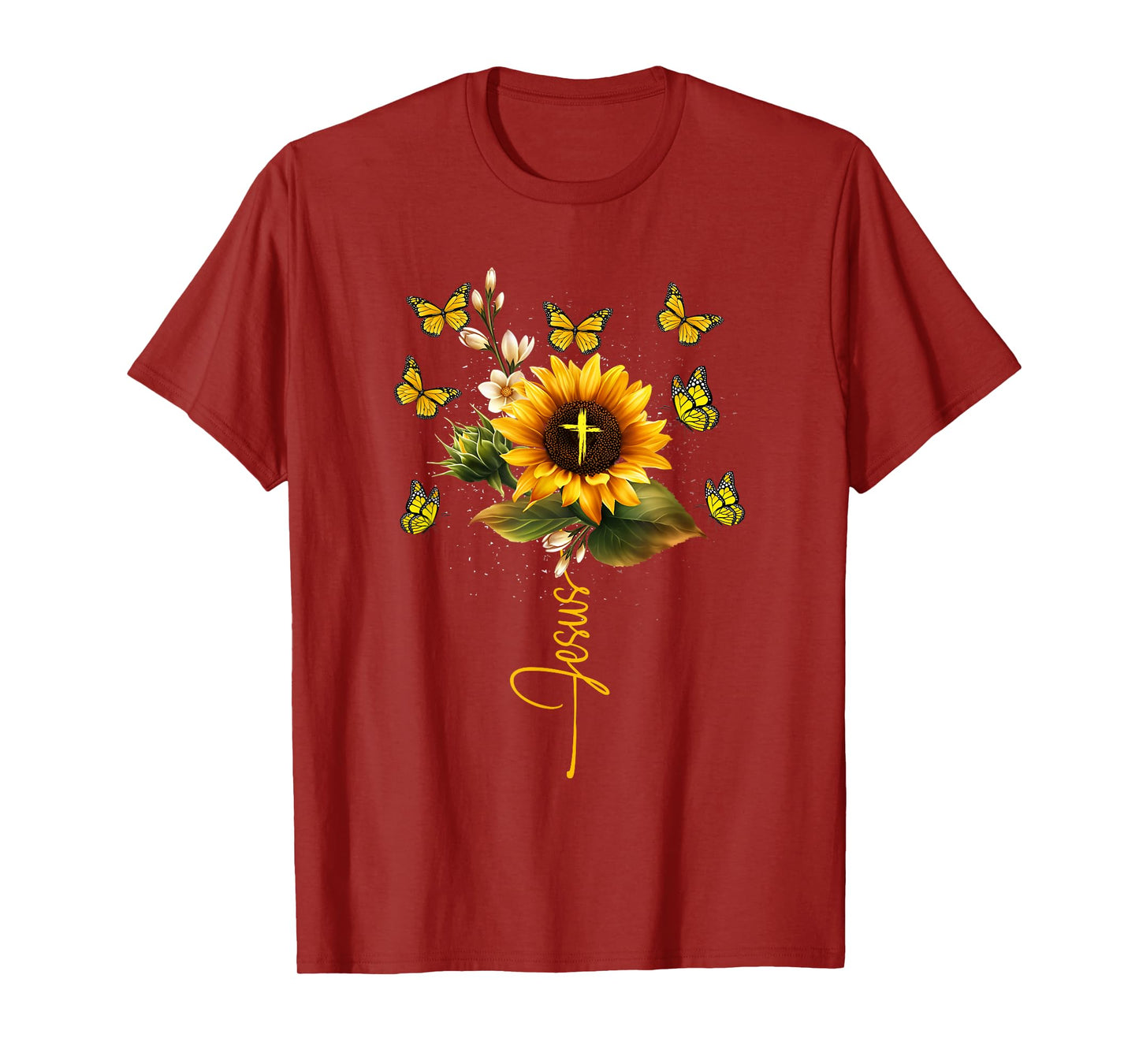 Sunflower Jesus Cross Butterflies Art Religious Christian T-Shirt