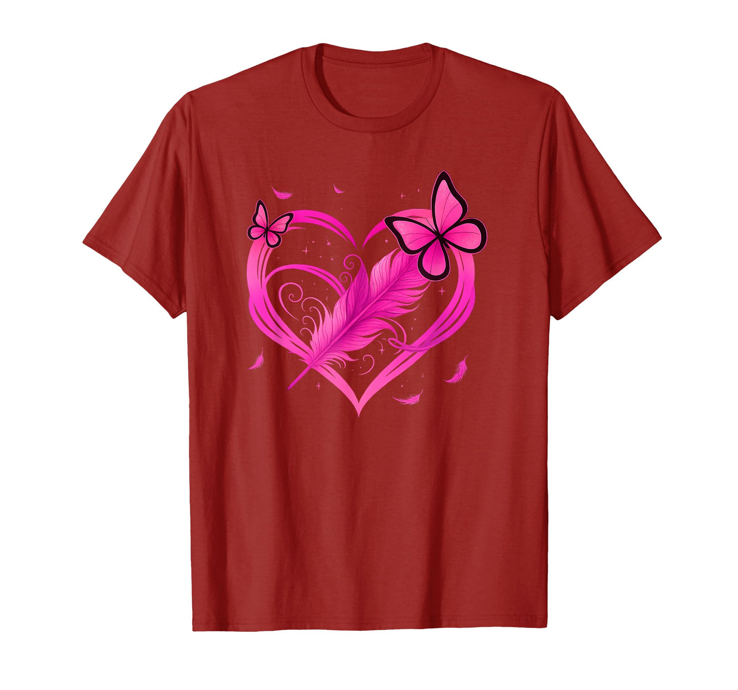 Pink Heart Butterfly Feather Breast Cancer Awareness T-Shirt