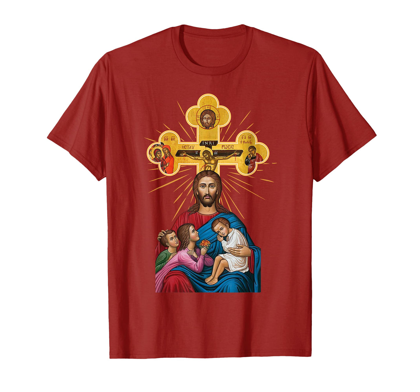Jesus Christ with Holy Cross and Children Religious Icon Art T-Shirt