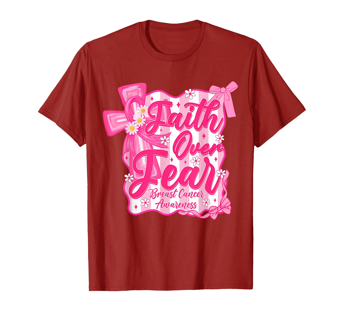 Faith Over Fear Cross Pink Ribbon Christian Breast Cancer T-Shirt