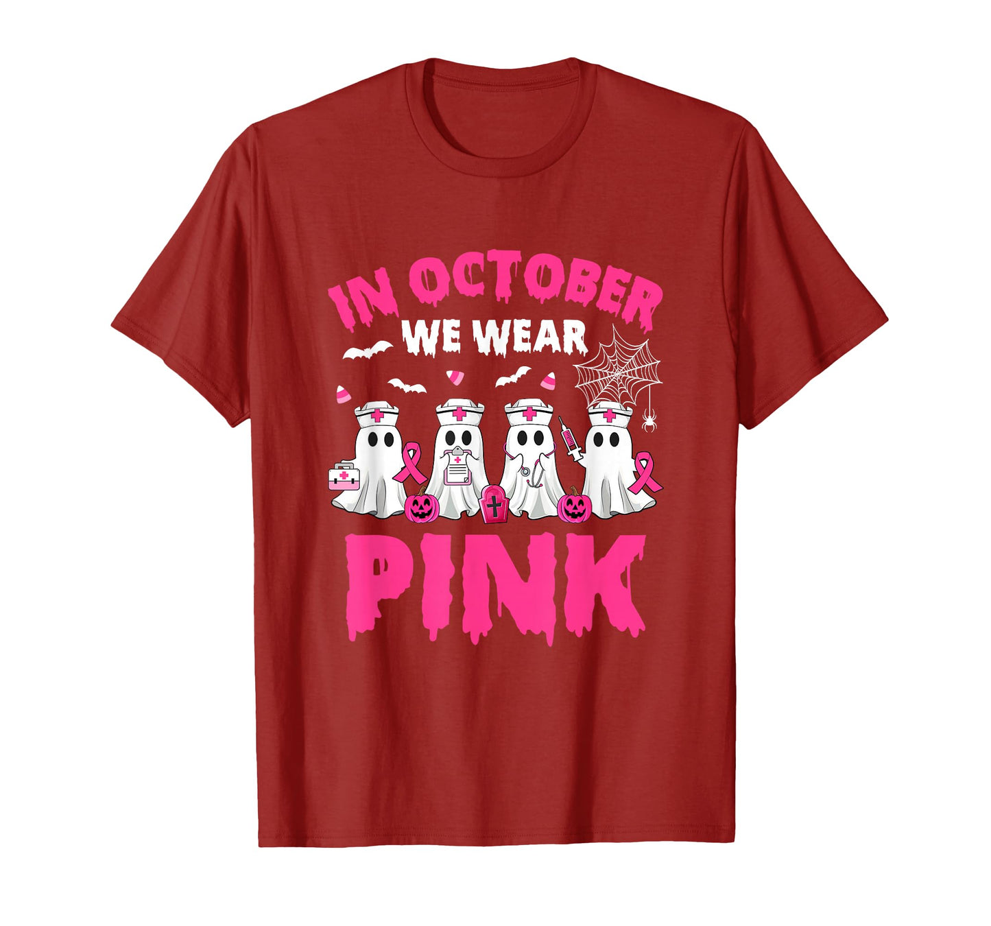 In October We Wear Pink Nurse Ghost Halloween Breast Cancer T-Shirt