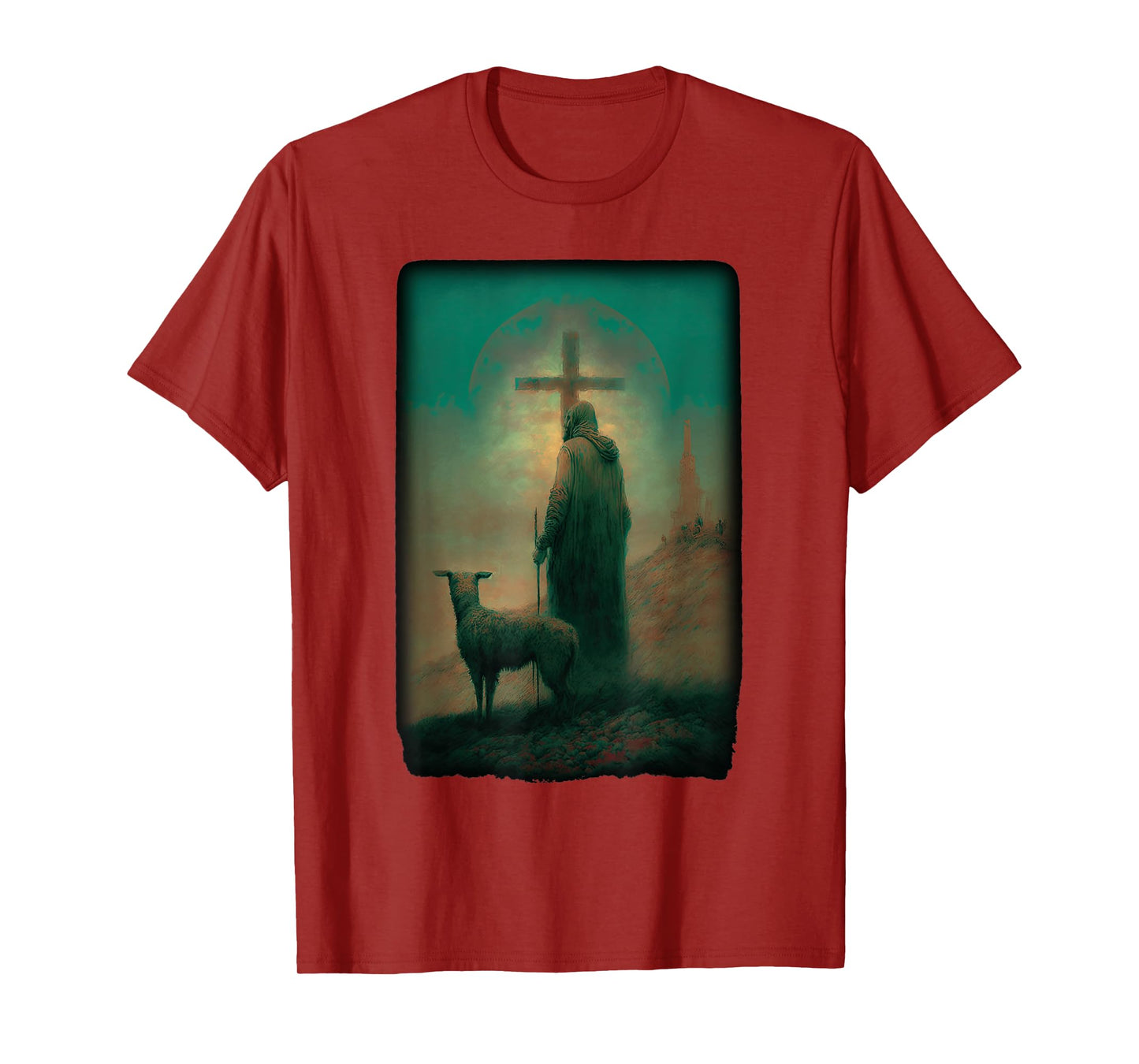 Biblical Jesus Lamb of God Sheep Shepard with Cross Old Art T-Shirt