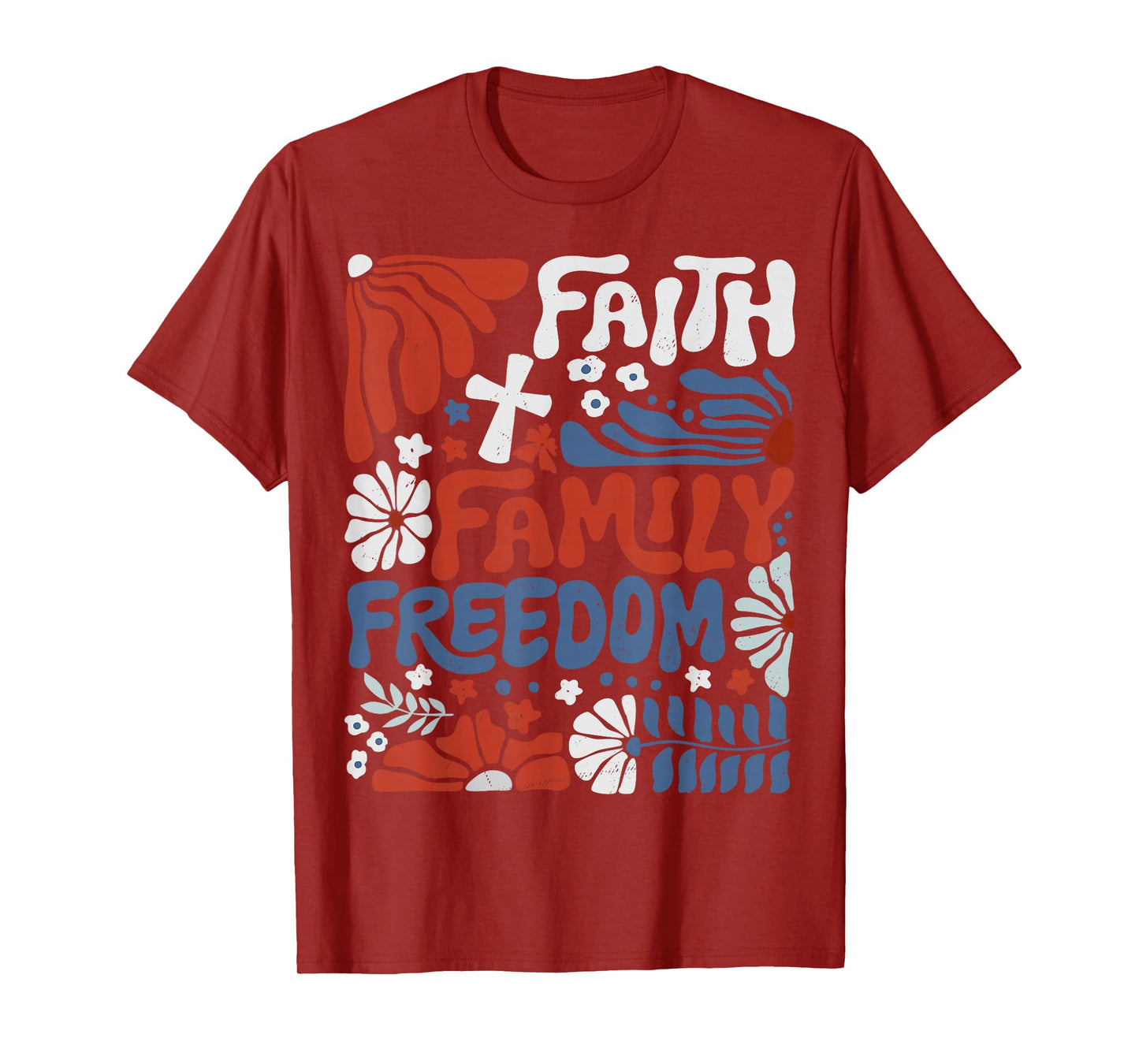 Patriotic Christian Faith Family Freedom Boho Floral Cross T-Shirt