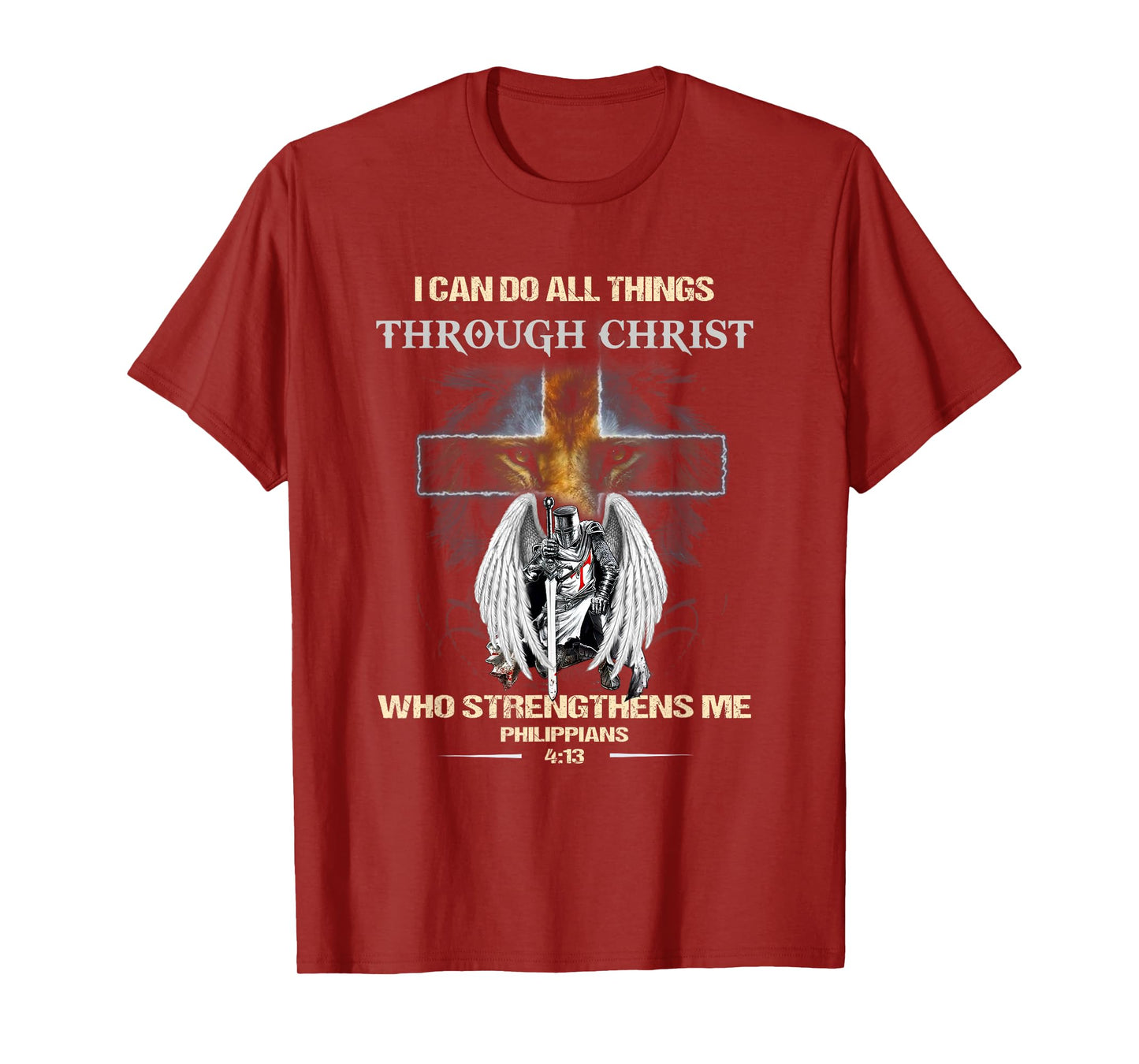 Philippians 4:13 Christian Verse Gift Lion Cross Men Knight T-Shirt
