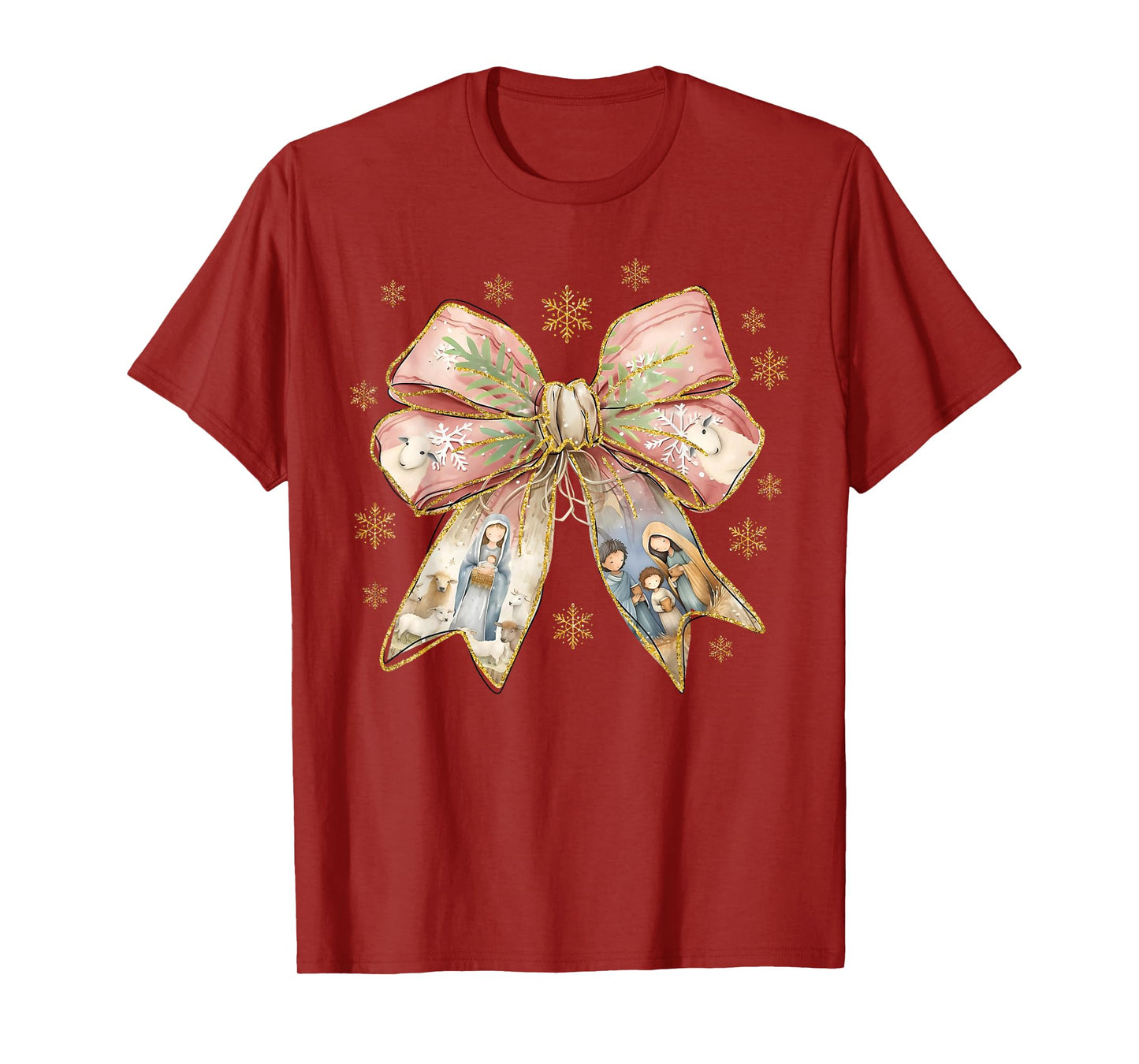 Coquette Bow Snowflake Jesus Christmas Xmas Holiday Family T-Shirt