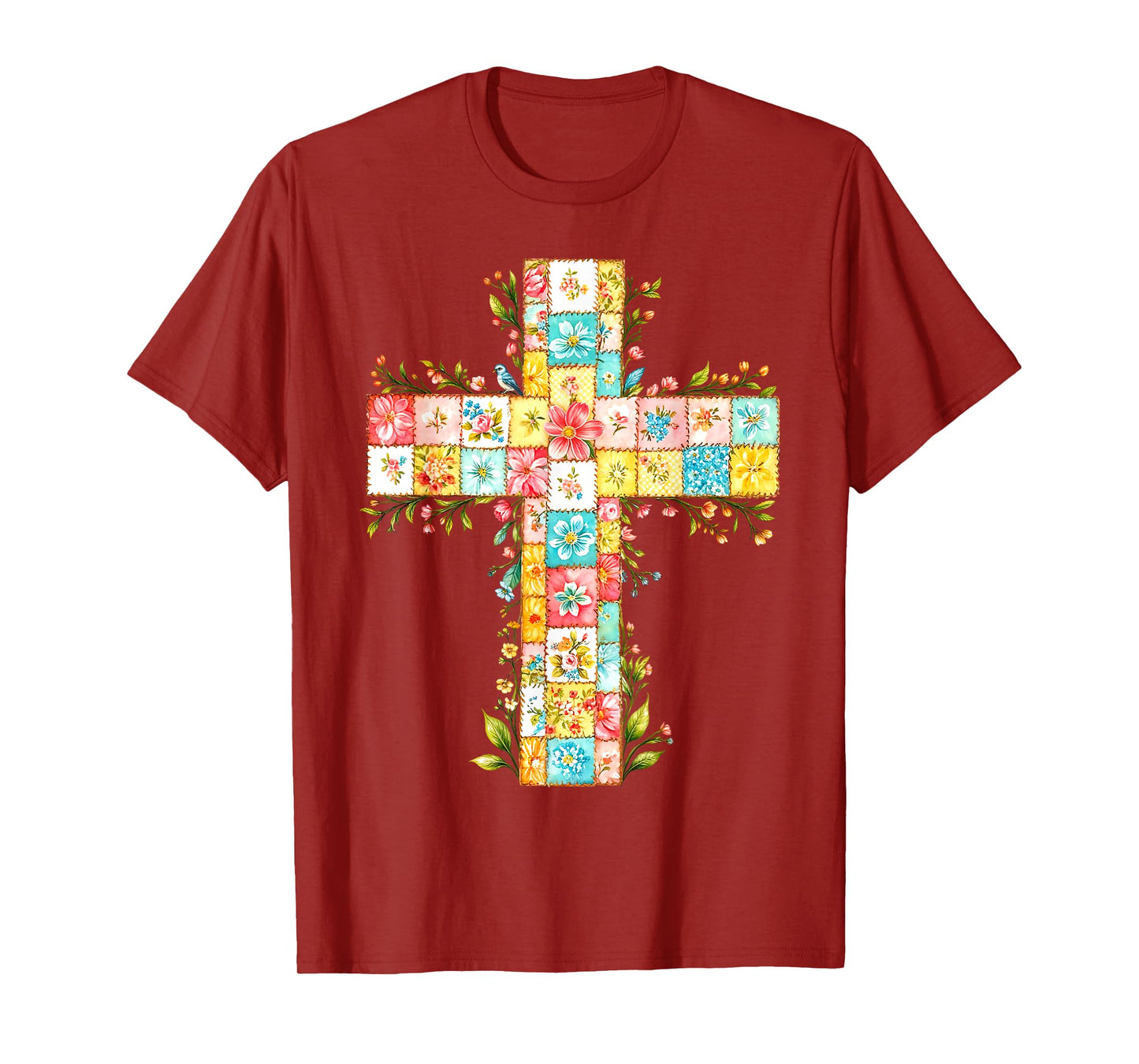 Vintage Floral Patchwork Cross Christian Faith Religious T-Shirt