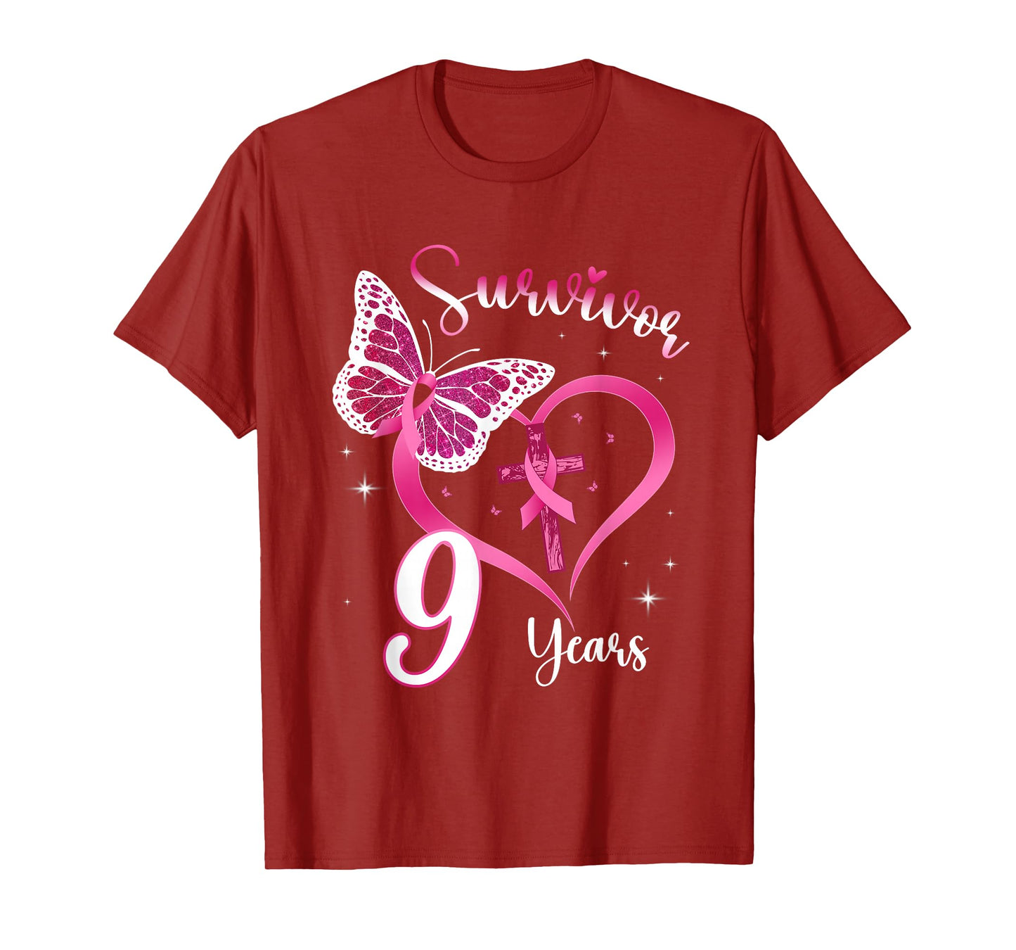 Breast Cancer Survivor Pink Ribbon Butterfly 9 Years Gift T-Shirt